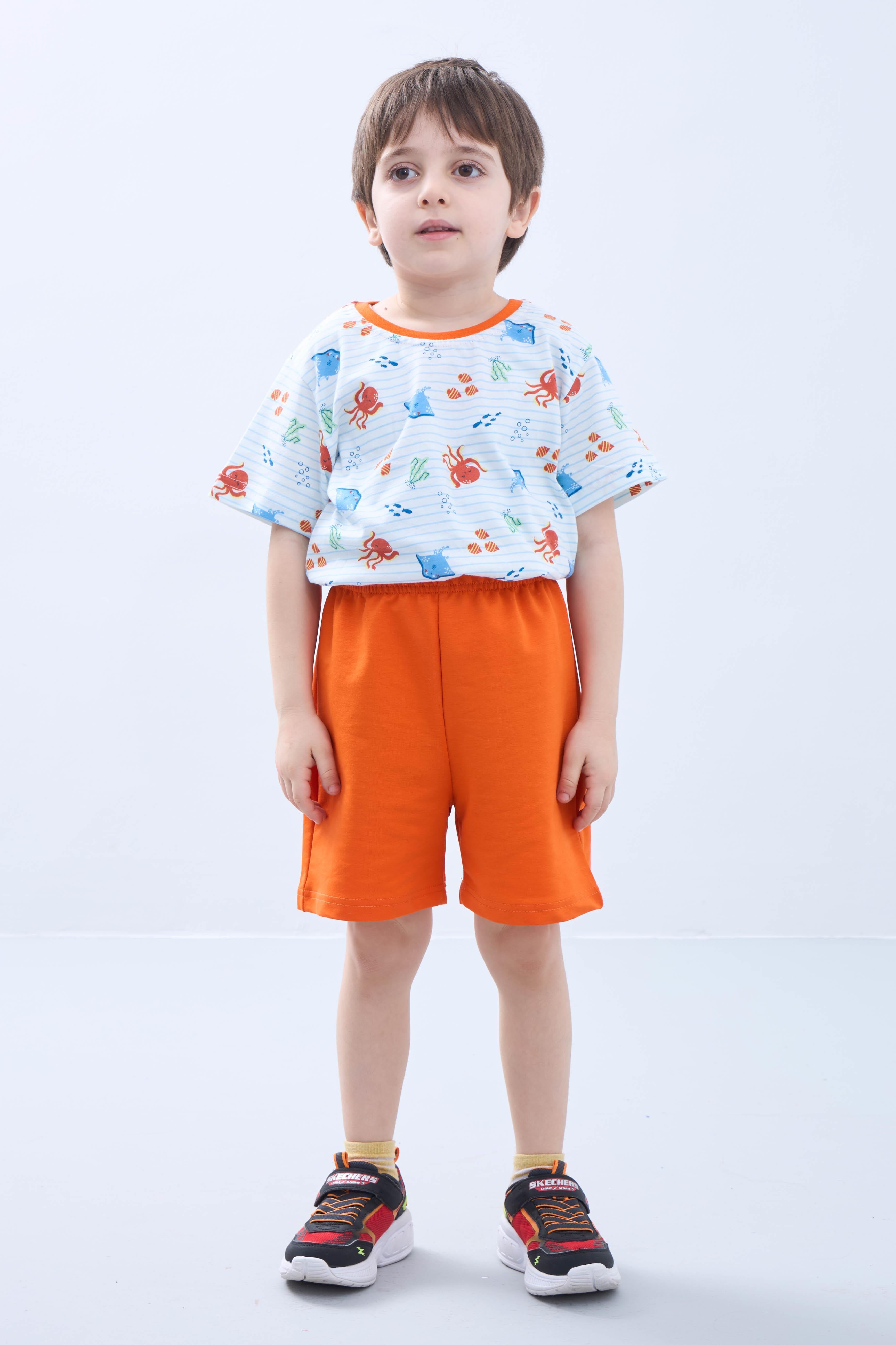 Erkek Çocuk Şortlu Takım Ahtapot Desenli Kısa Kollu Tişört & Şort Yazlık Takım