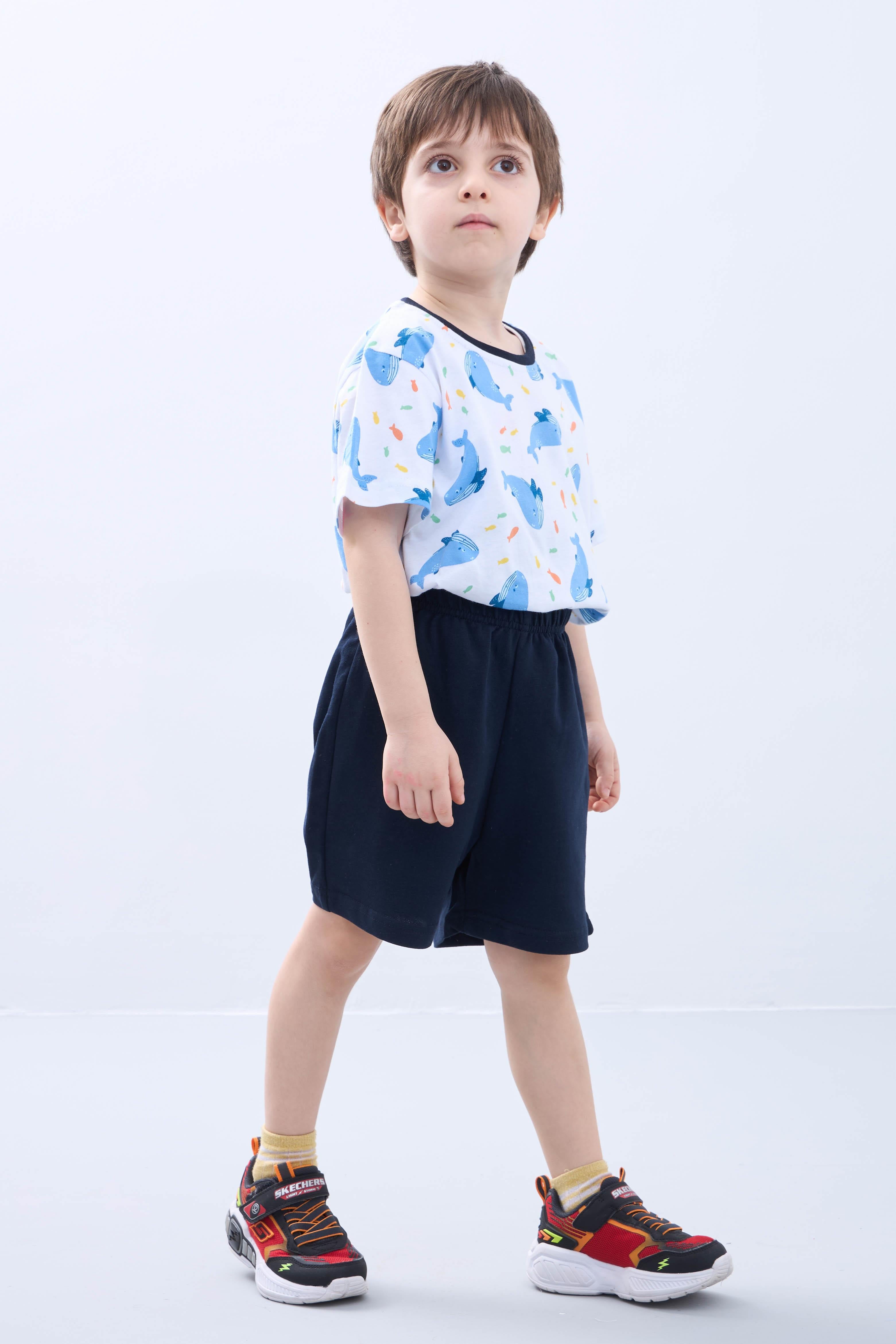 Erkek Çocuk Şortlu Takım - Balina Desenli Kısa Kollu Tişört & Şort - Yazlık Takım Lacivert - Perendi