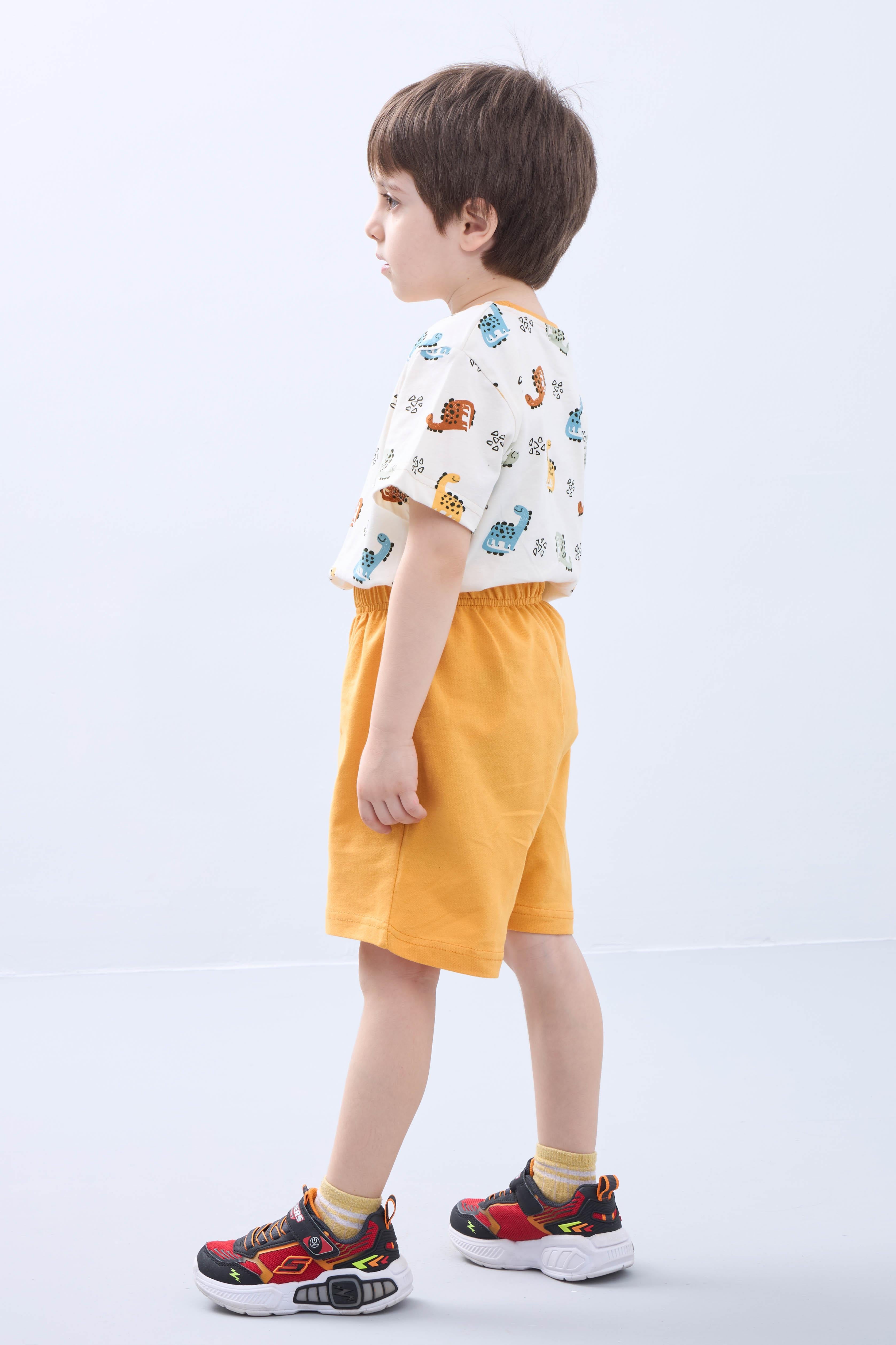 Erkek Çocuk Şortlu Takım - Dinozor Desenli Kısa Kollu Tişört & Hardal Sarısı Şort - Yazlık Takım - Perendi