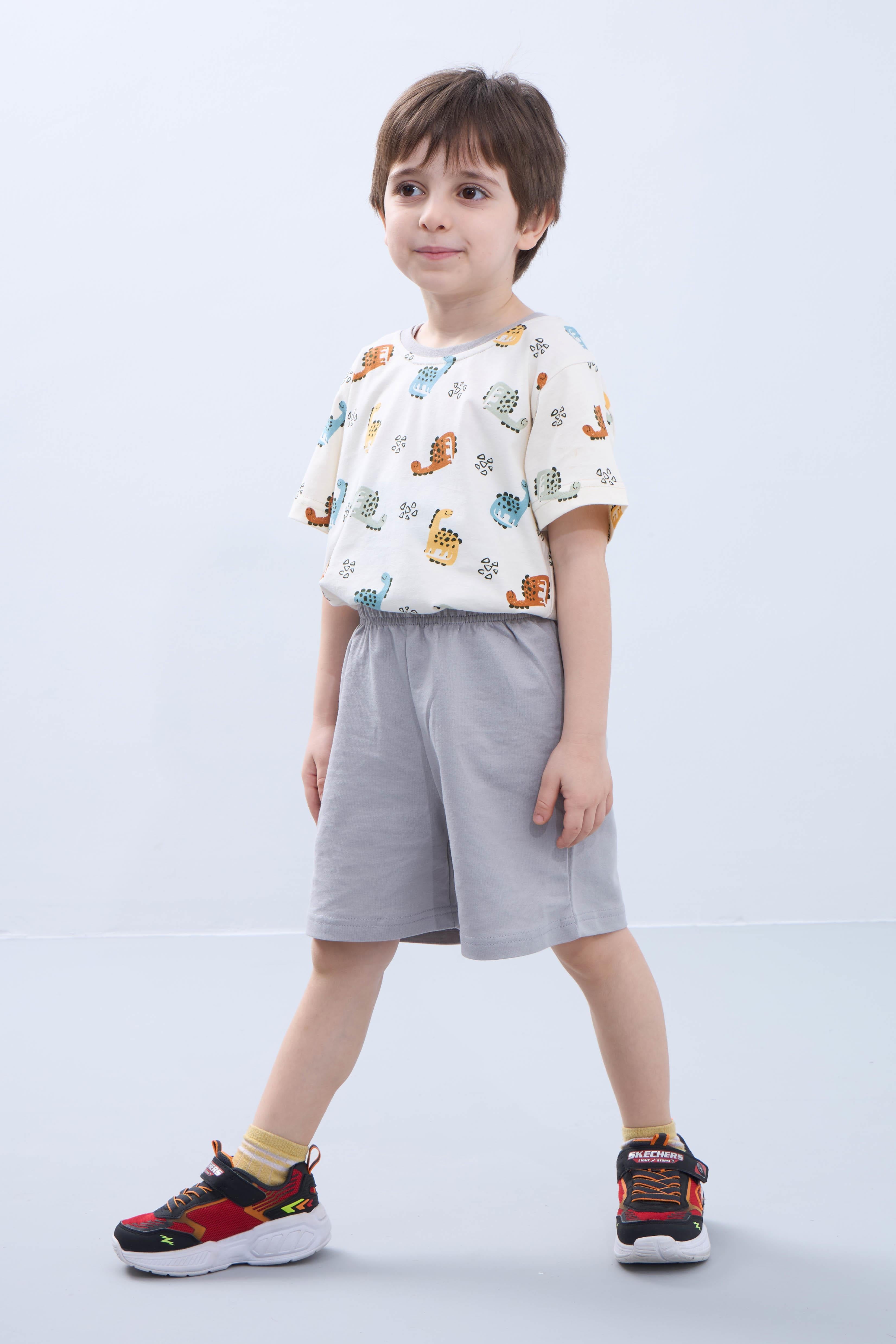 Erkek Çocuk Şortlu Takım Dinozor Desenli Kısa Kollu Tişört &sı Şort Yazlık Takım