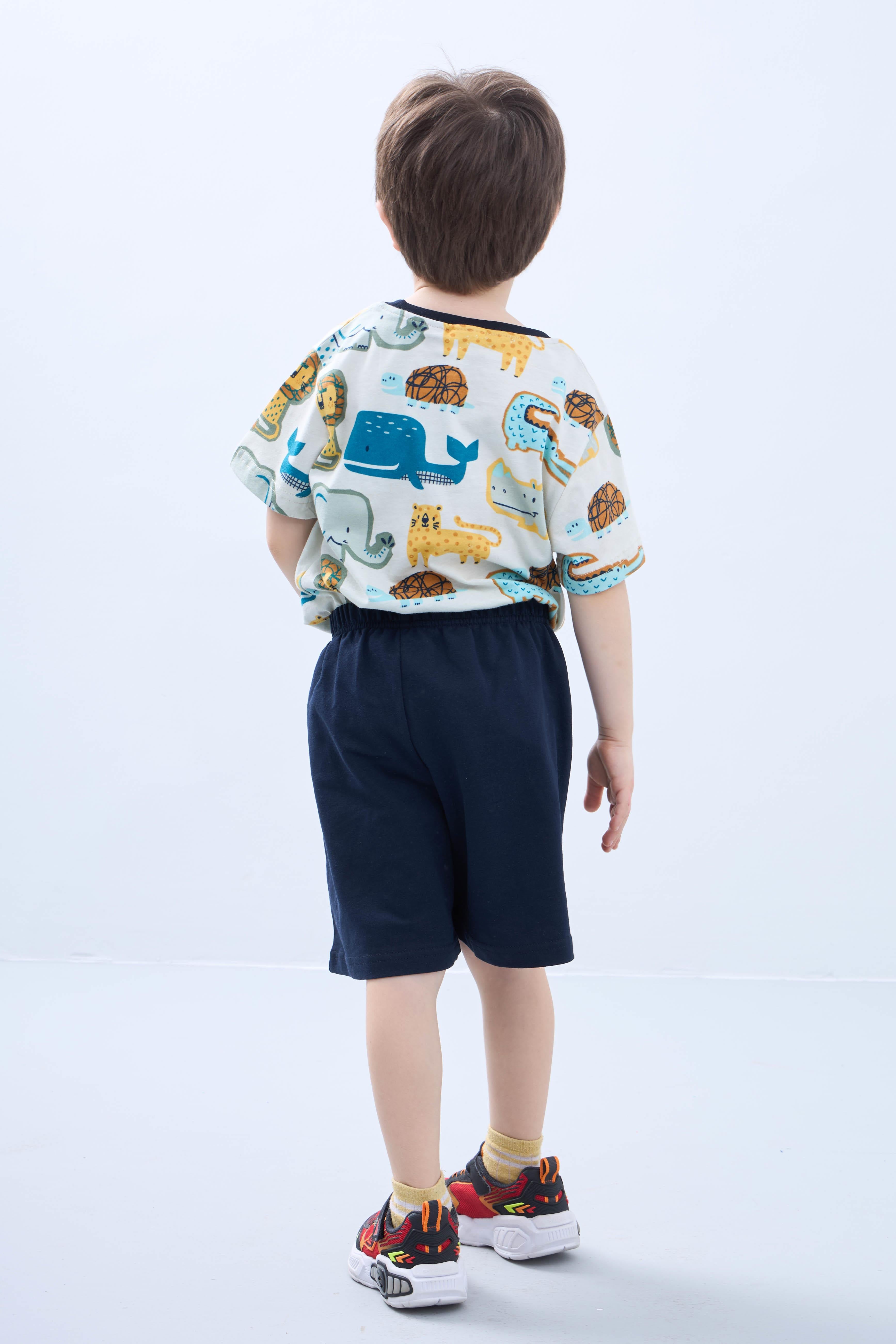 Erkek Çocuk Şortlu Takım - Hayvan Desenli Kısa Kollu Tişört & Lacivert Şort - Yazlık Takım - Perendi