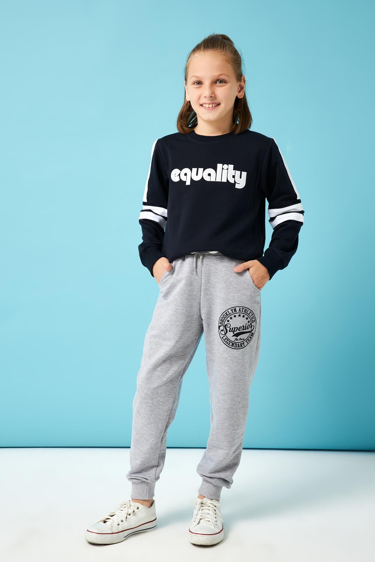 Superior Baskı Detaylı Erkek Çocuk Eşofman Altı Gri Melanj - Perendi