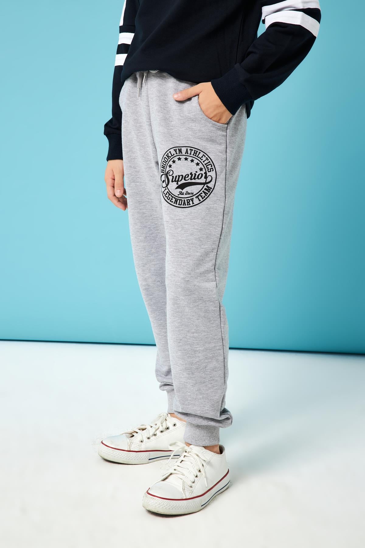 Superior Baskı Detaylı Erkek Çocuk Eşofman Altı Gri Melanj - Perendi