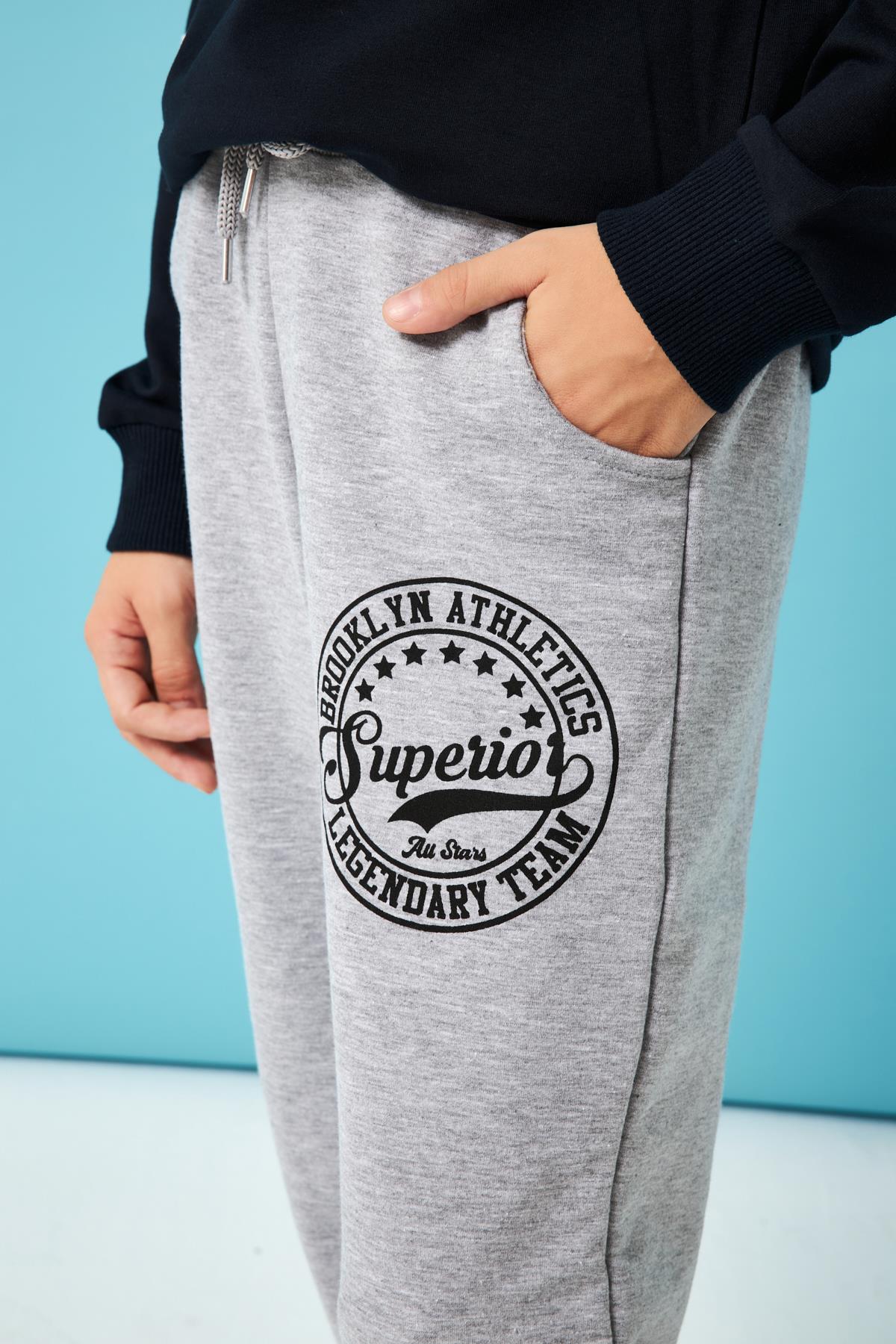 Superior Baskı Detaylı Erkek Çocuk Eşofman Altı Gri Melanj - Perendi