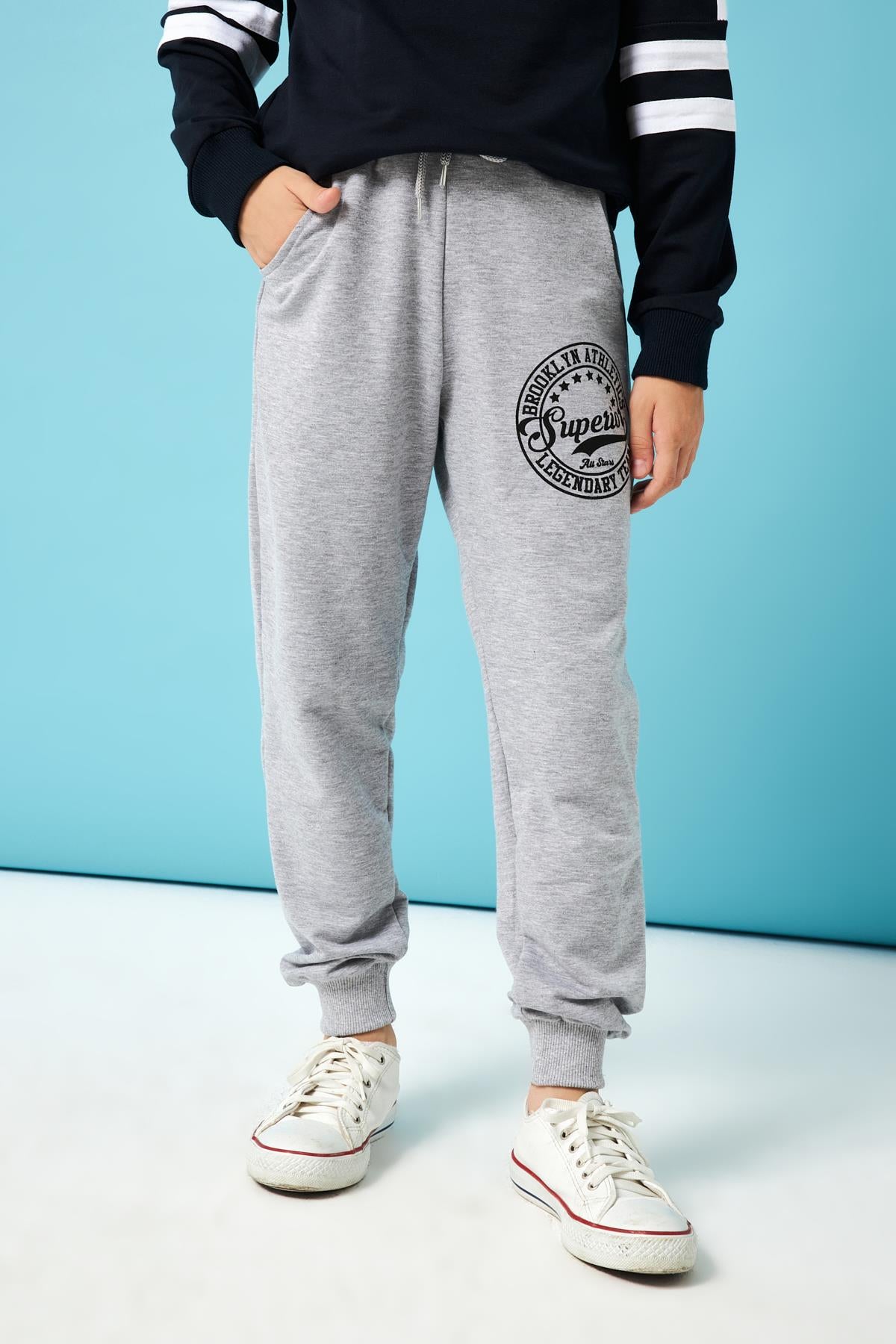 Superior Baskı Detaylı Erkek Çocuk Eşofman Altı Gri Melanj - Perendi