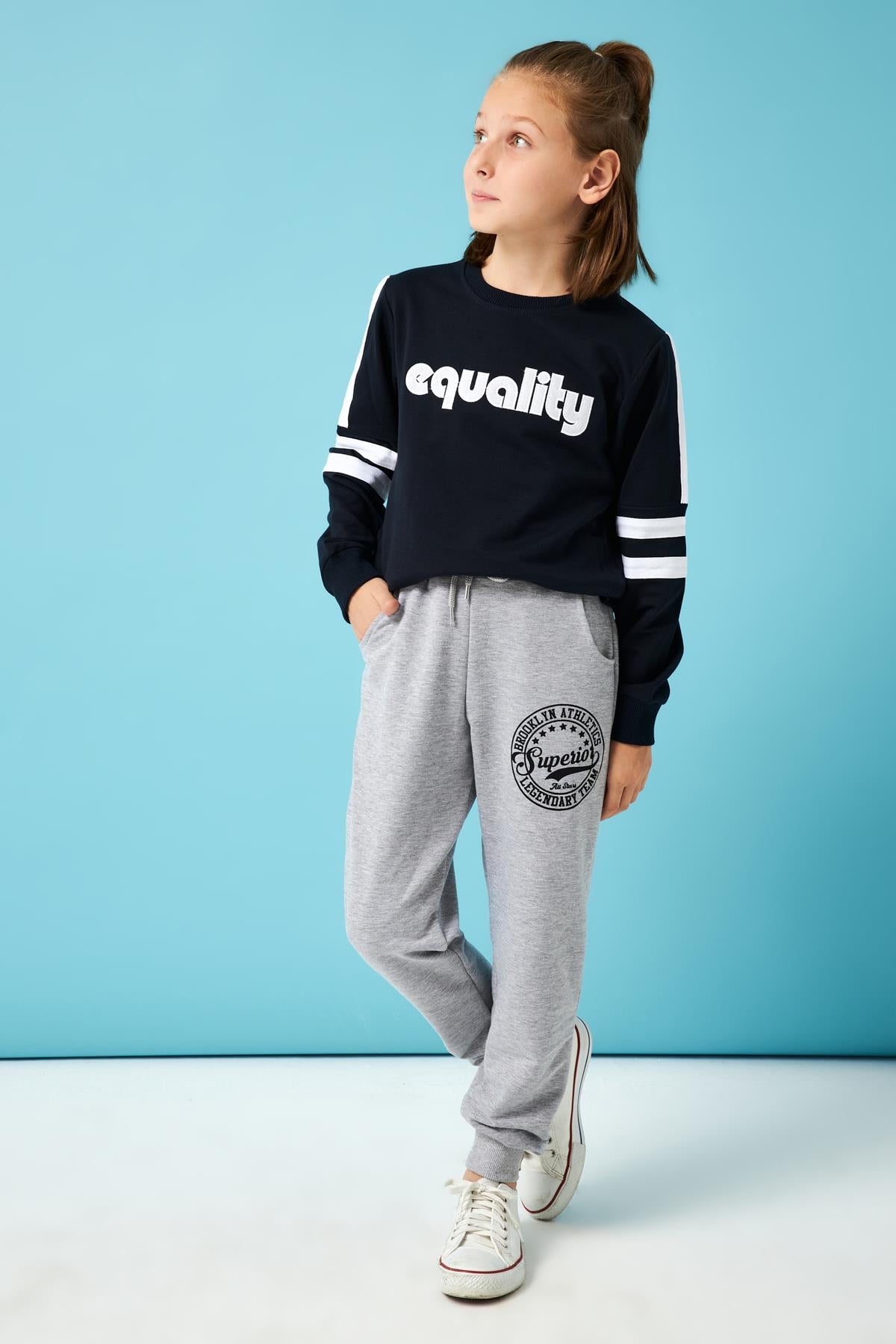 Superior Baskı Detaylı Erkek Çocuk Eşofman Altı Gri Melanj - Perendi