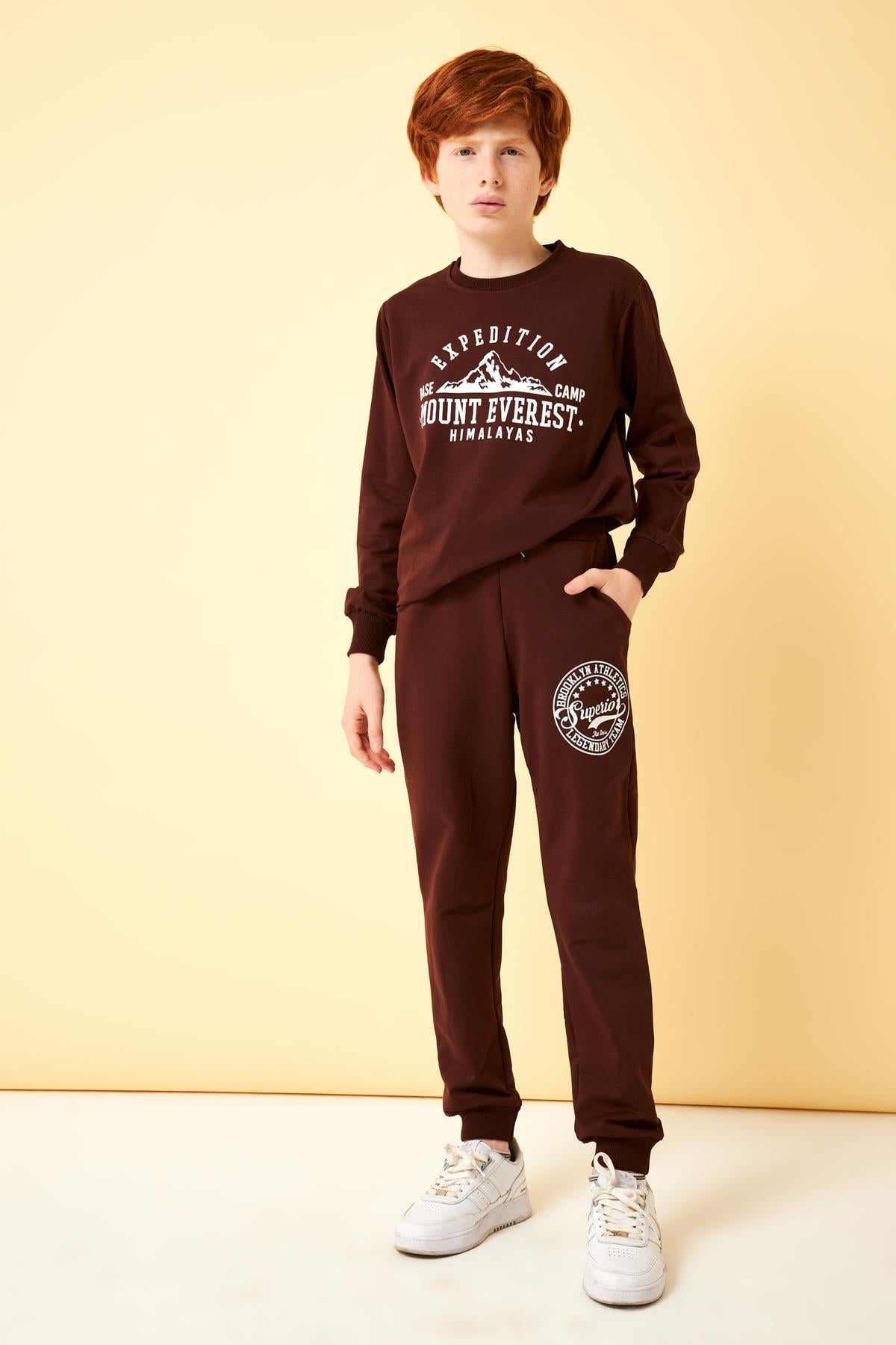 Superior Baskı Detaylı Erkek Çocuk Eşofman Altı Kahverengi - Perendi