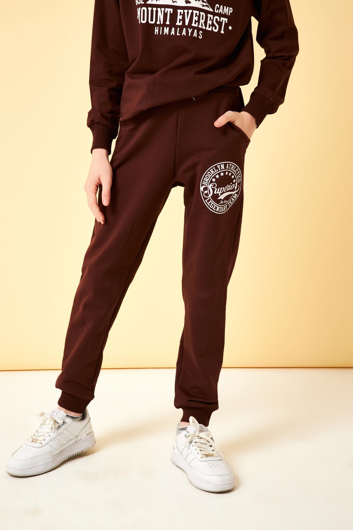 Superior Baskı Detaylı Erkek Çocuk Eşofman Altı Kahverengi - Perendi