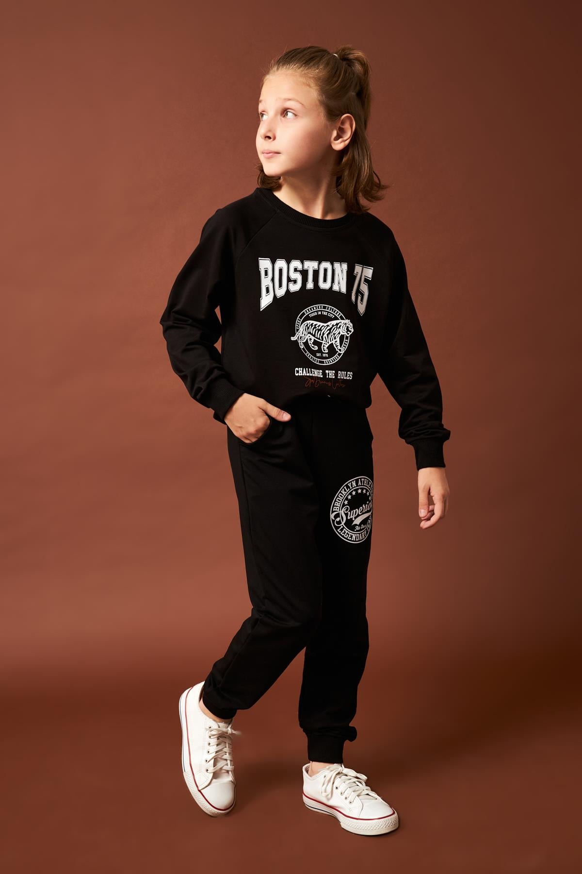 Superior Baskı Detaylı Erkek Çocuk Eşofman Altı Siyah - Perendi