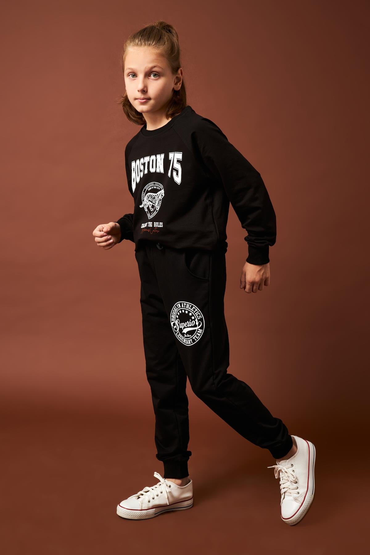 Superior Baskı Detaylı Erkek Çocuk Eşofman Altı Siyah - Perendi