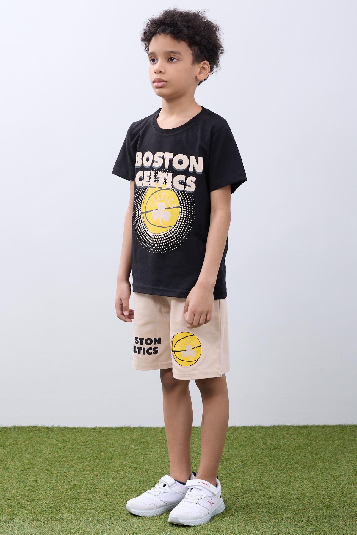 Erkek Çocuk Takımı Basketbol Baskılı - Yazlık Spor Kombin Siyah Rengi - Perendi