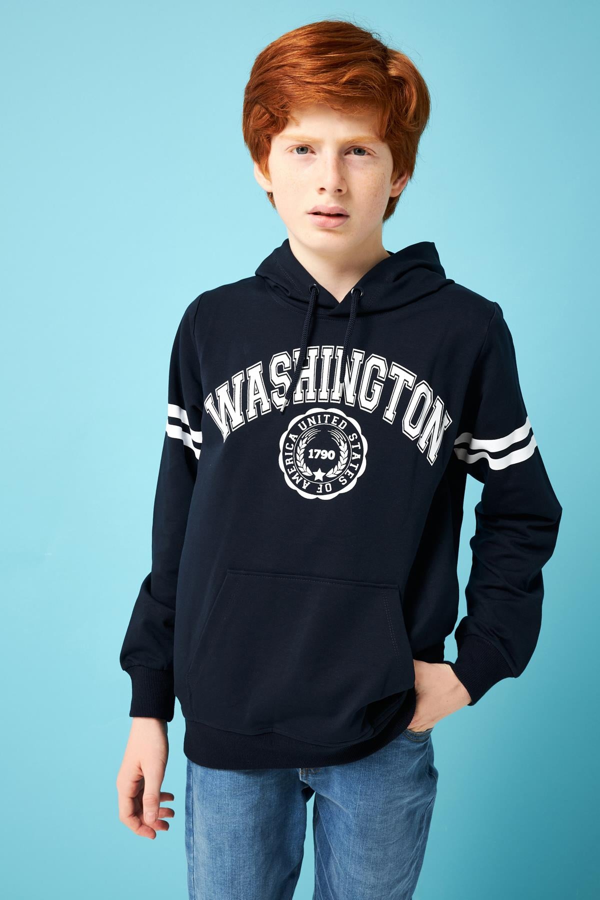Washington Baskılı Kapüşonlu Erkek Çocuk Sweatshirt Lacivert - Perendi