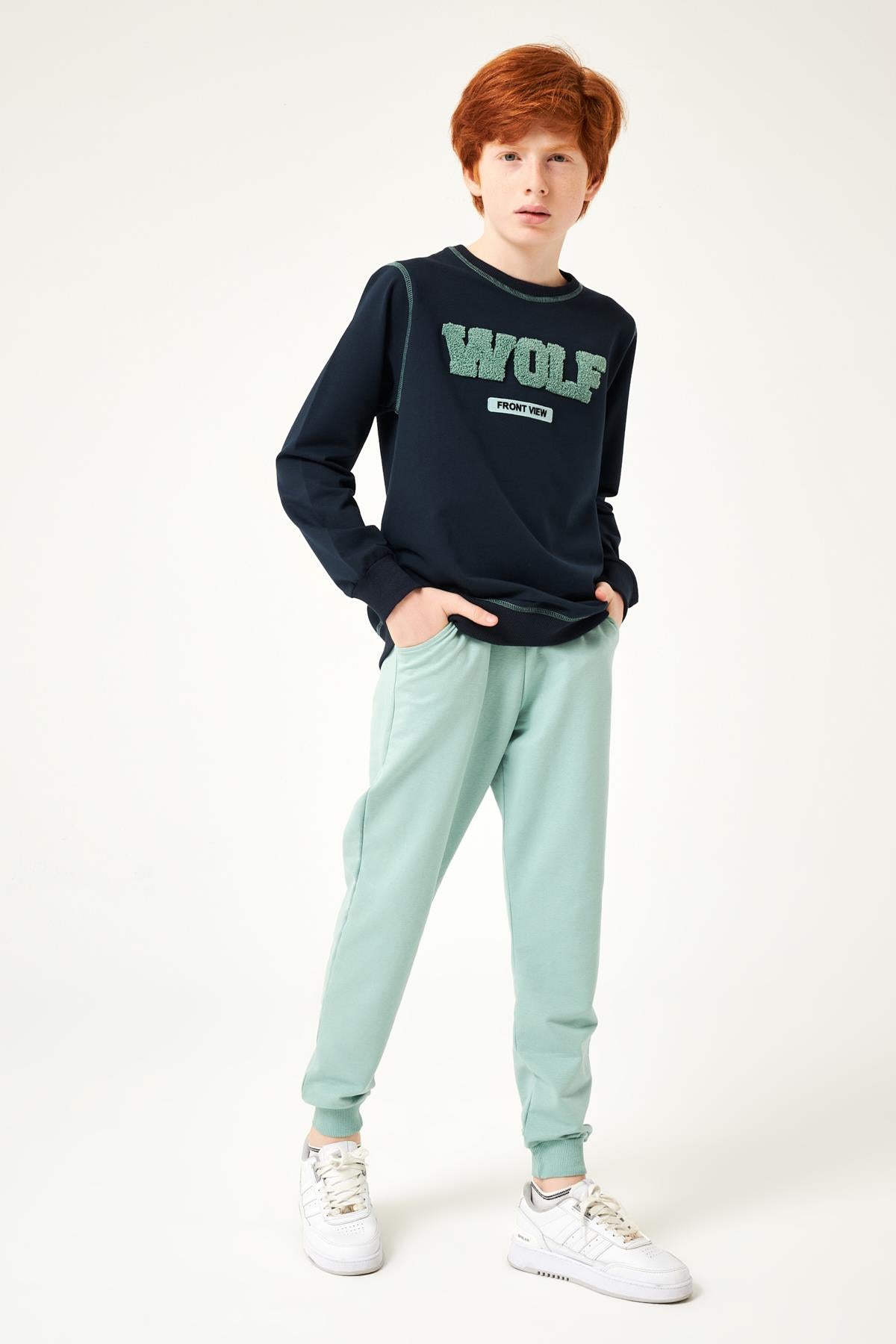 Wolf Nakış Detaylı Erkek Çocuk Takım Lacivert - Perendi
