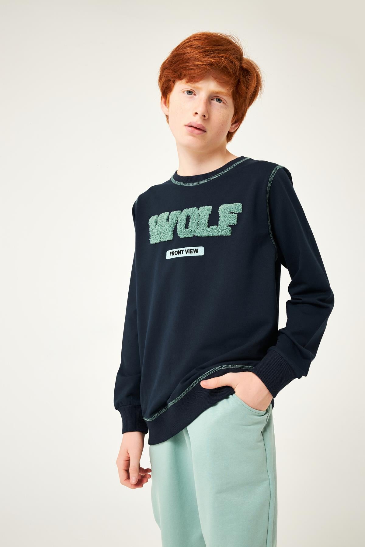 Wolf Nakış Detaylı Erkek Çocuk Takım Lacivert - Perendi