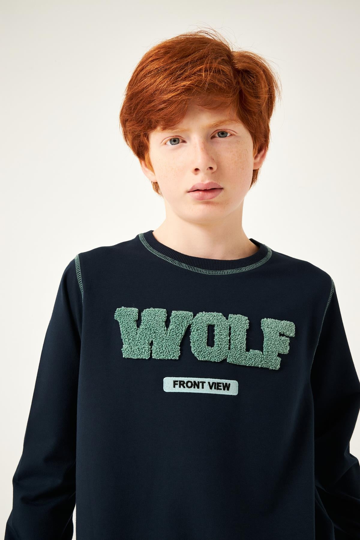 Wolf Nakış Detaylı Erkek Çocuk Takım Lacivert - Perendi