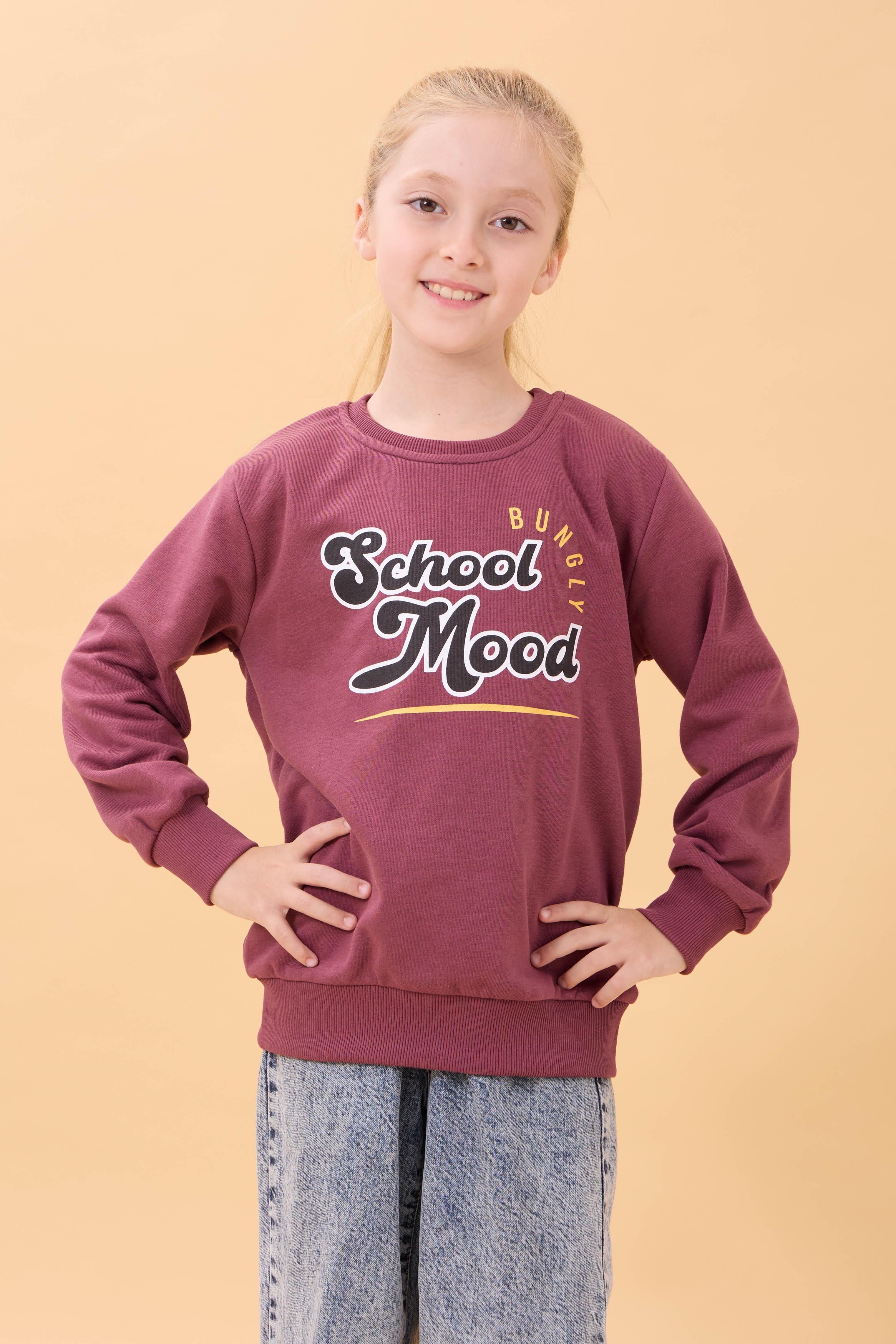 Erkek ve Kız Çocuk Okul Baskılı Bisiklet Yaka Mevsimlik Sweatshirt Gülkurusu