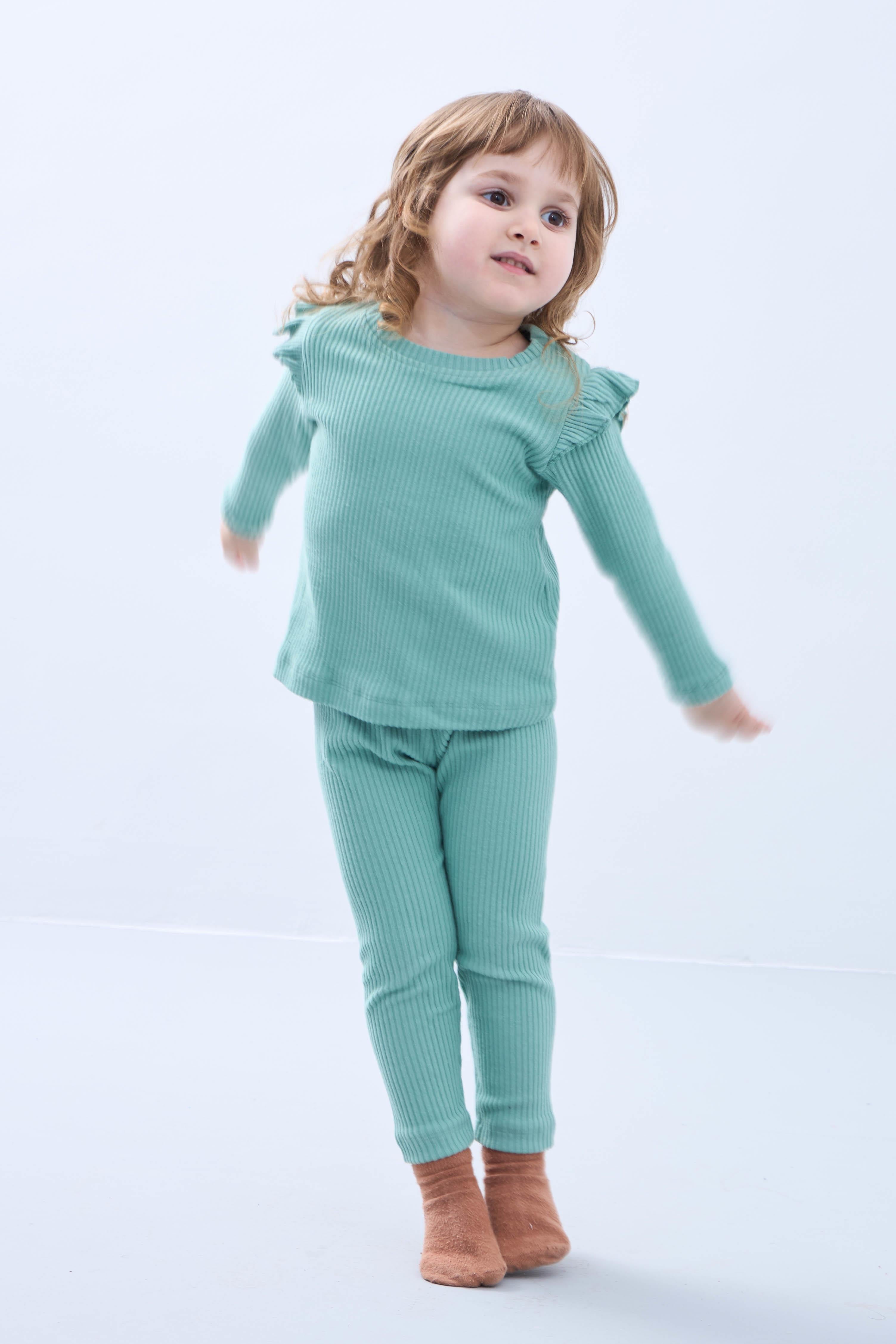 Fırfır Detaylı Pamuklu Üçlü Kız Çocuk Takımı Çağla - Perendi