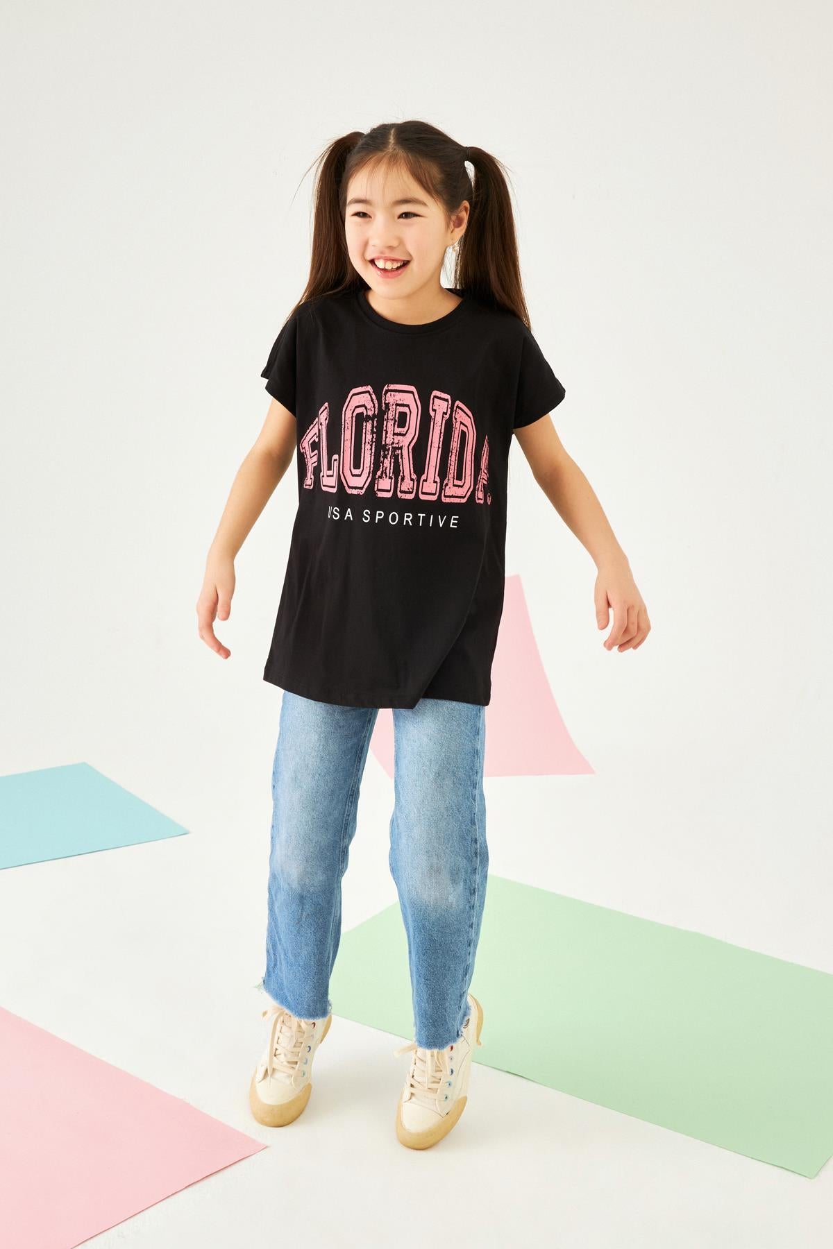 Florida Baskılı Yarasa Kol Bisiklet Yaka Kız Çocuk Tshirt