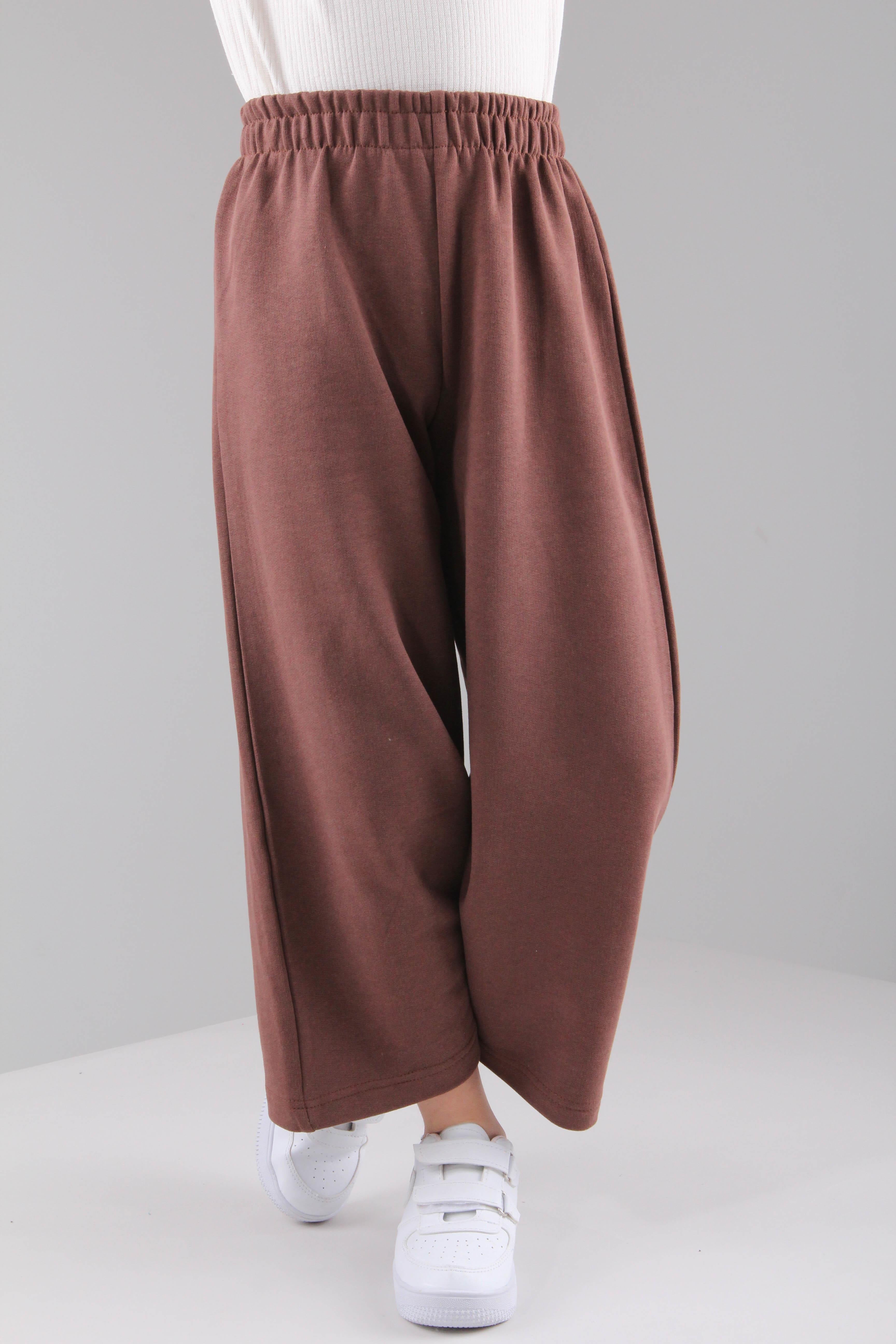 Geniş Kesim Rahat Kız Çocuk Eşofman Altı Kahverengi - Perendi