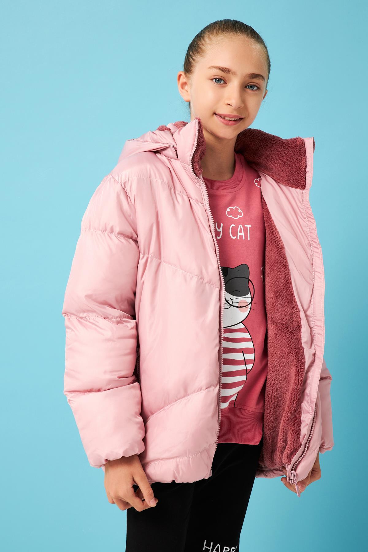 İçi Peluş Kürklü Kız Çocuk Şişme Mont