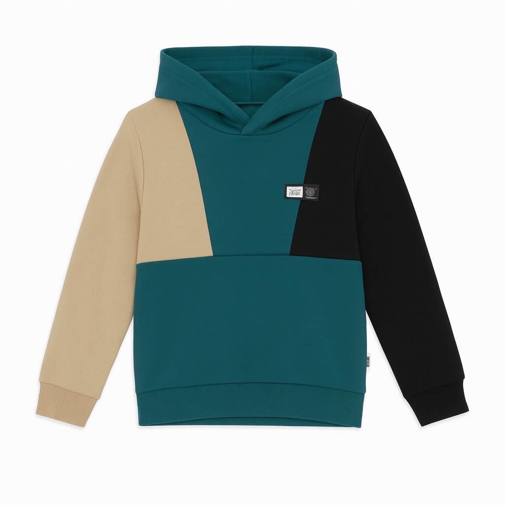 Kapüşonlu Parçalı 3 İp Erkek Çocuk Sweatshirt Petrol