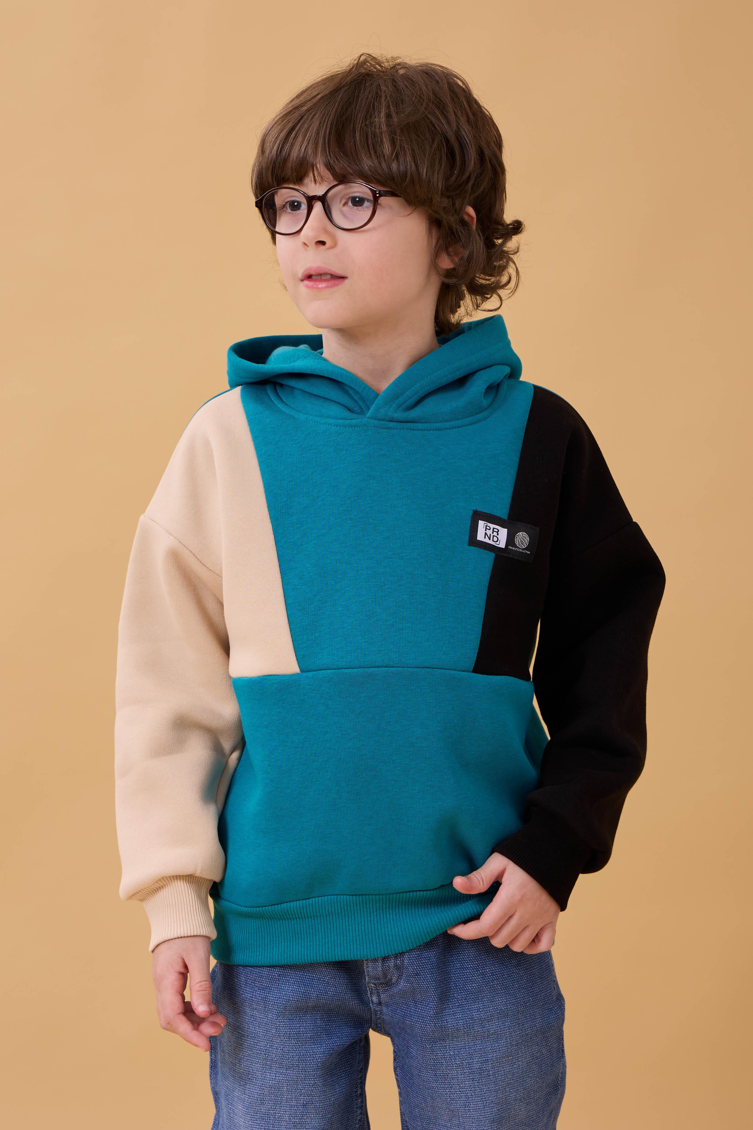 Kapüşonlu Parçalı 3 İp Erkek Çocuk Sweatshirt Petrol