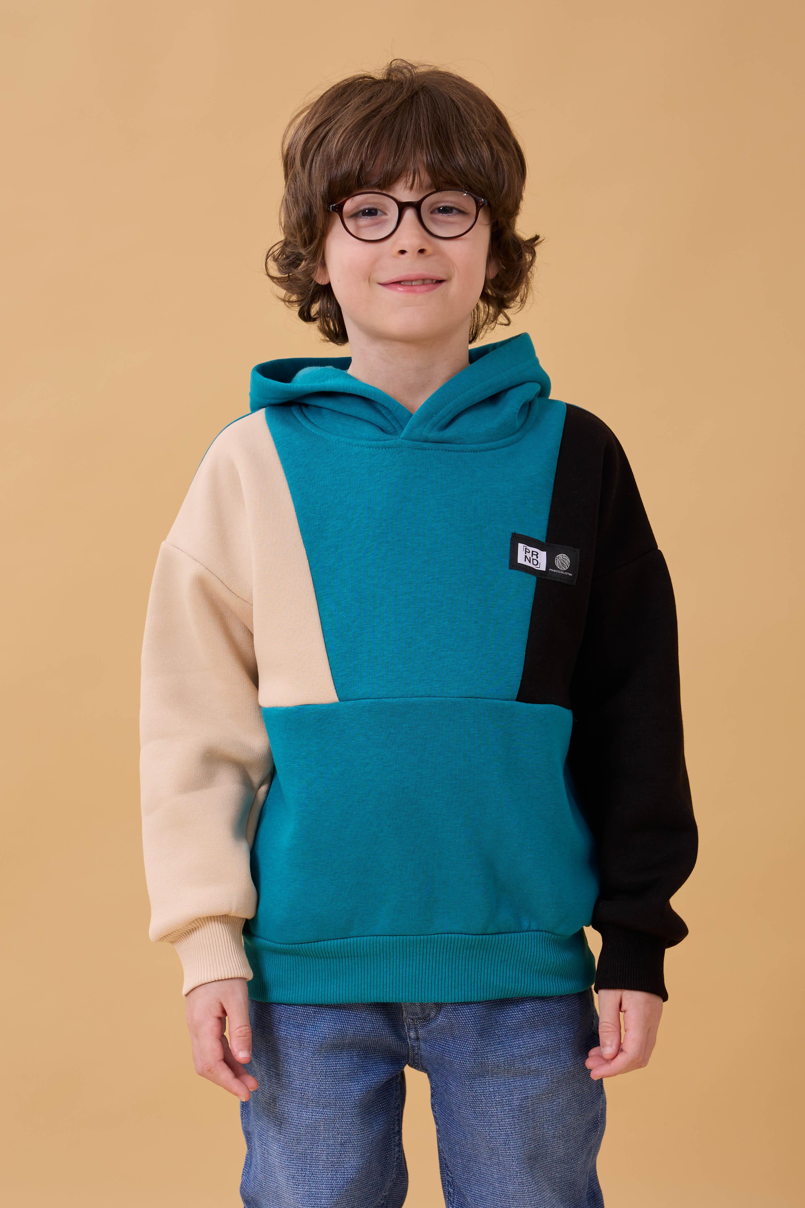 Kapüşonlu Parçalı 3 İp Erkek Çocuk Sweatshirt Petrol