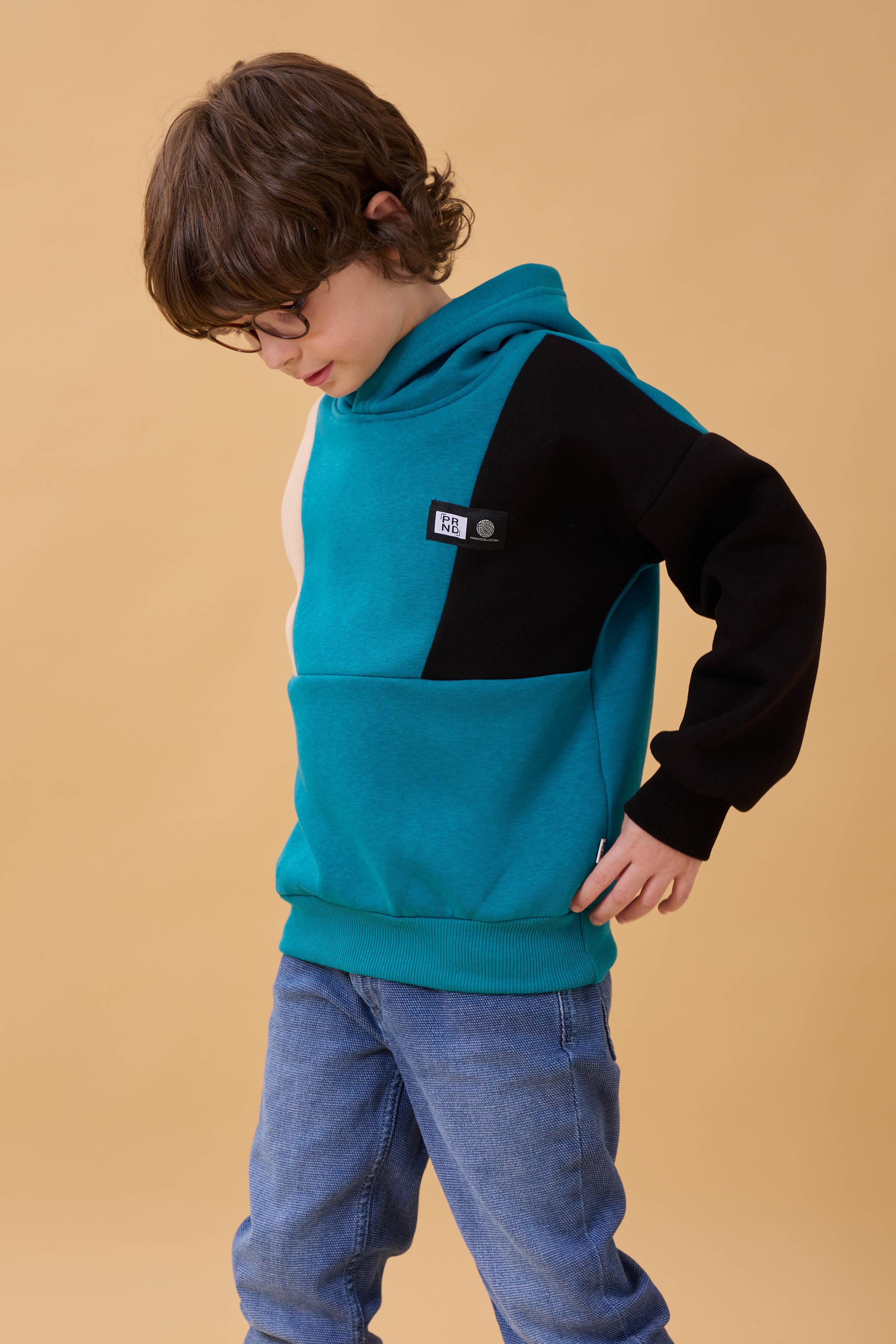 Kapüşonlu Parçalı 3 İp Erkek Çocuk Sweatshirt Petrol