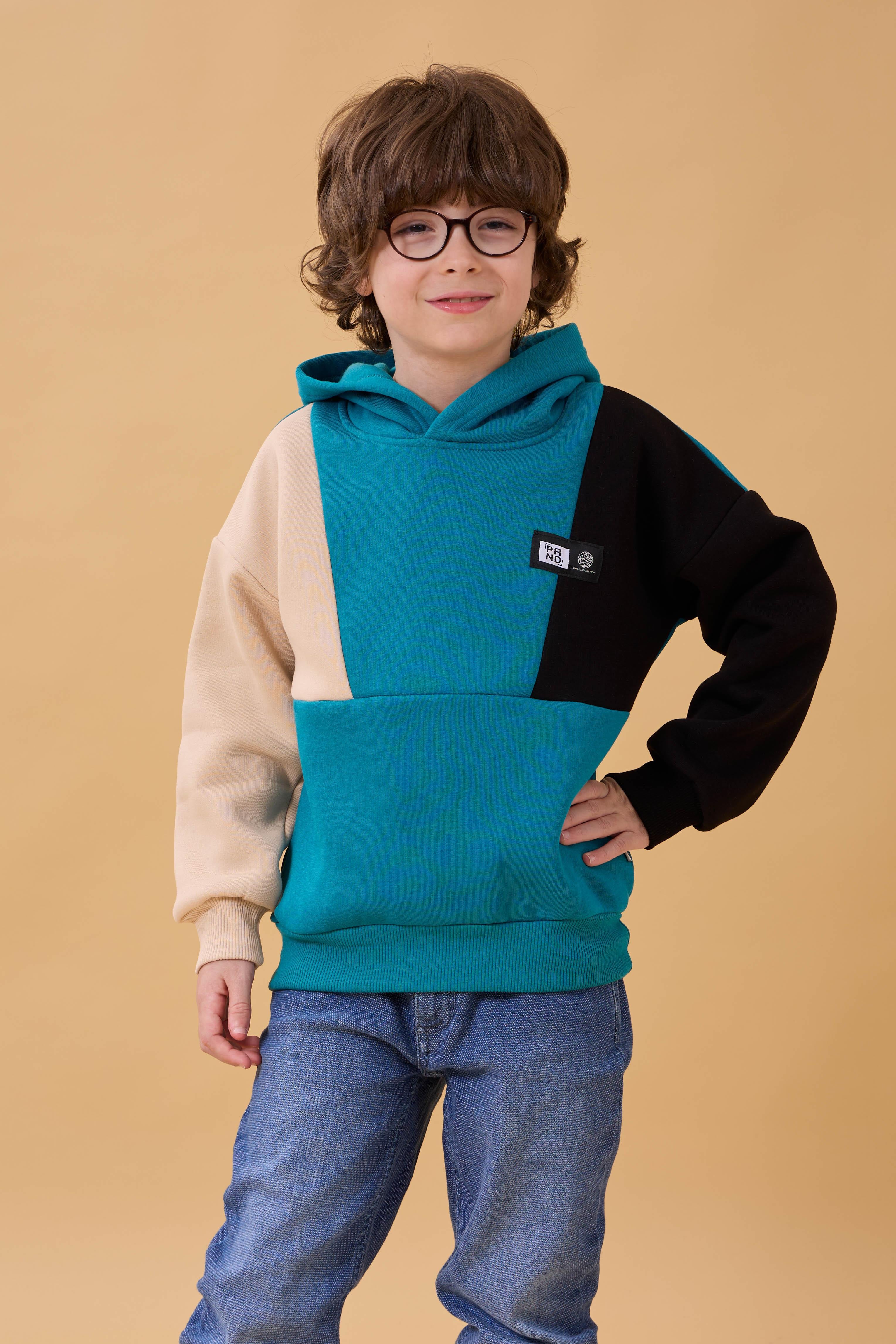 Kapüşonlu Parçalı 3 İp Erkek Çocuk Sweatshirt Petrol