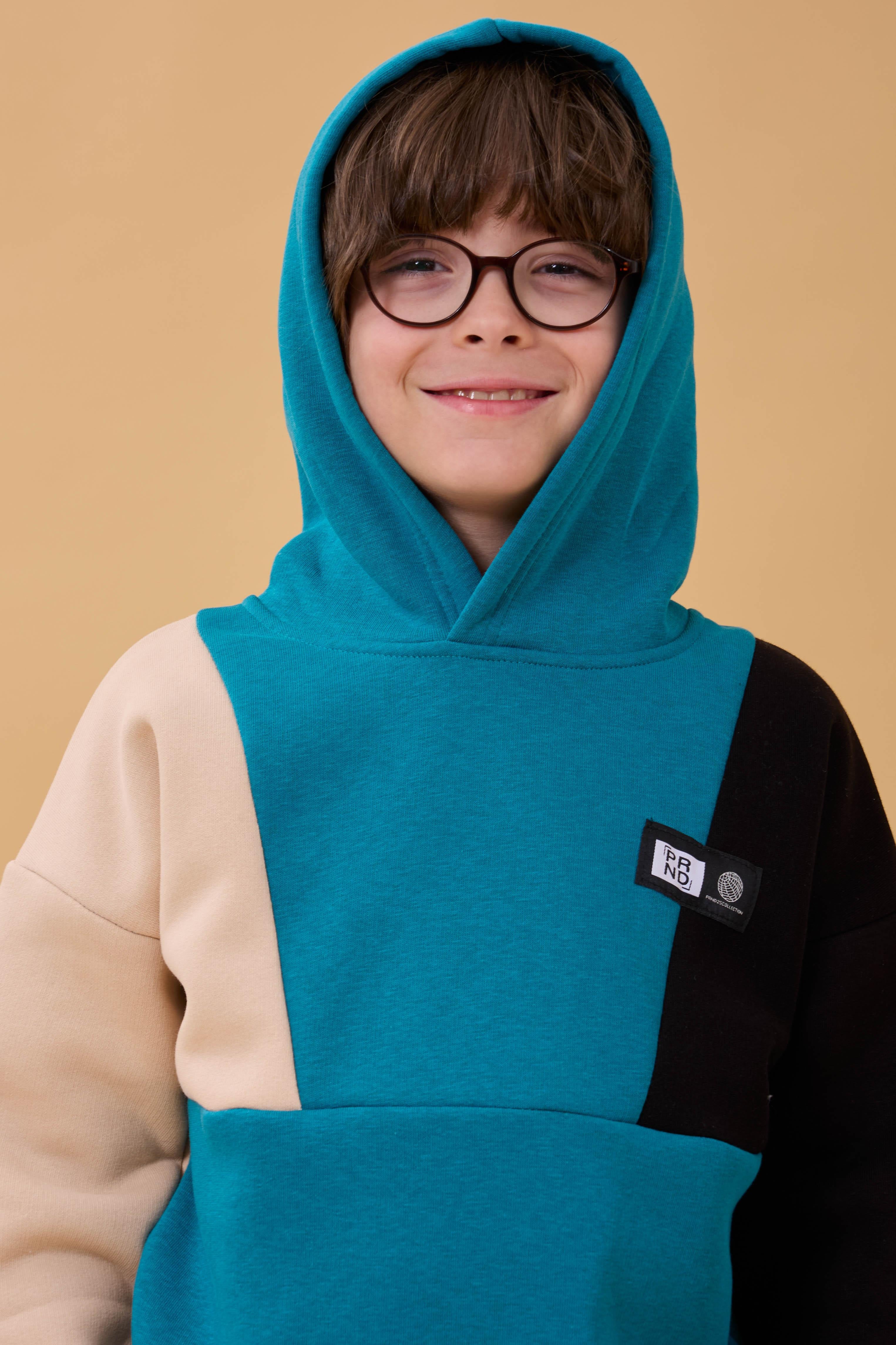 Kapüşonlu Parçalı 3 İp Erkek Çocuk Sweatshirt Petrol