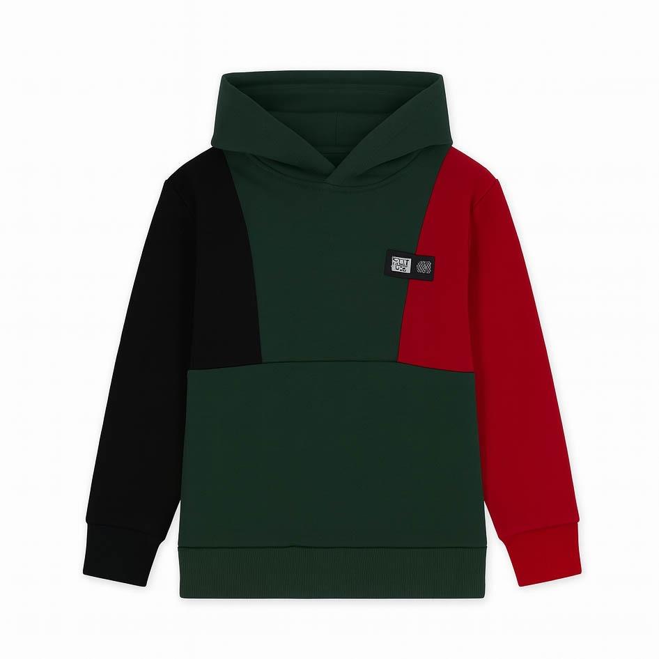 Kapüşonlu Parçalı 3 İp Erkek Çocuk Sweatshirt Yeşil