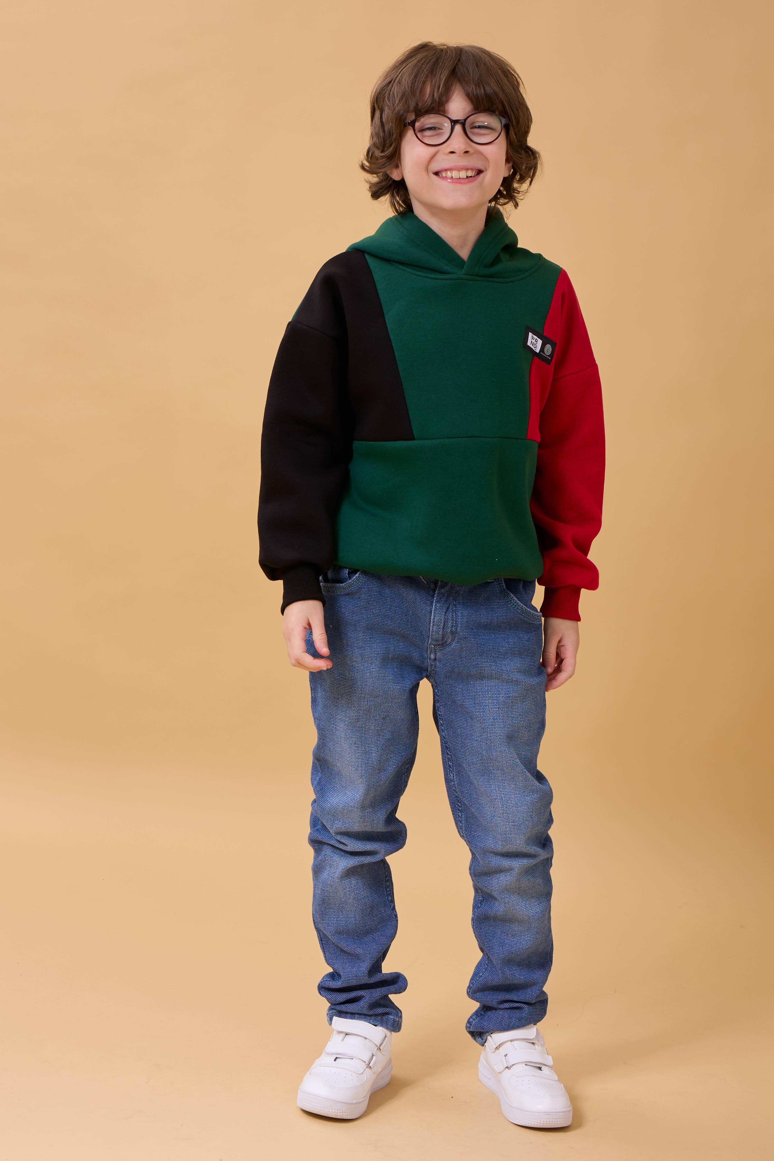 Kapüşonlu Parçalı 3 İp Erkek Çocuk Sweatshirt Yeşil