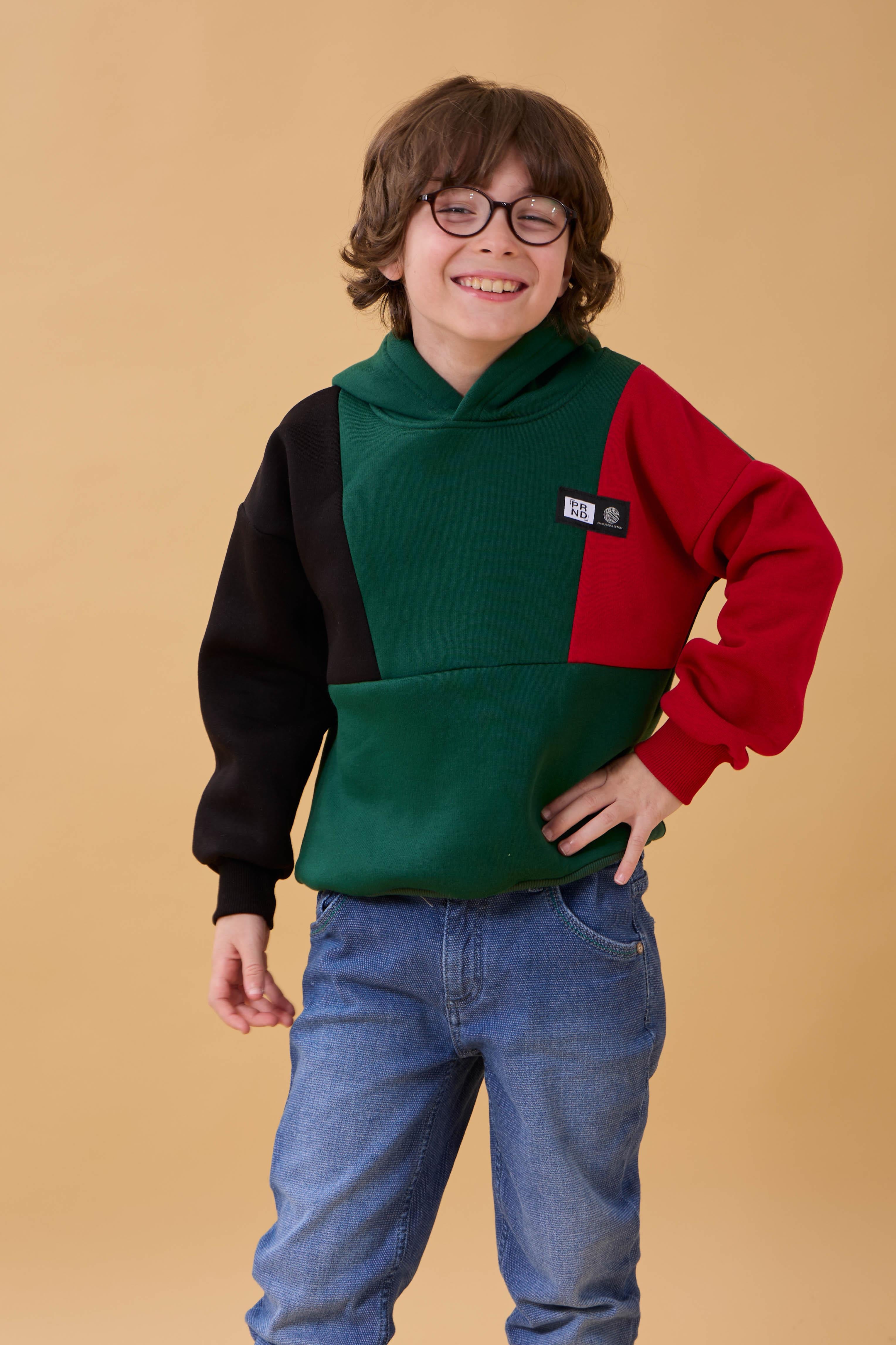 Kapüşonlu Parçalı 3 İp Erkek Çocuk Sweatshirt Yeşil
