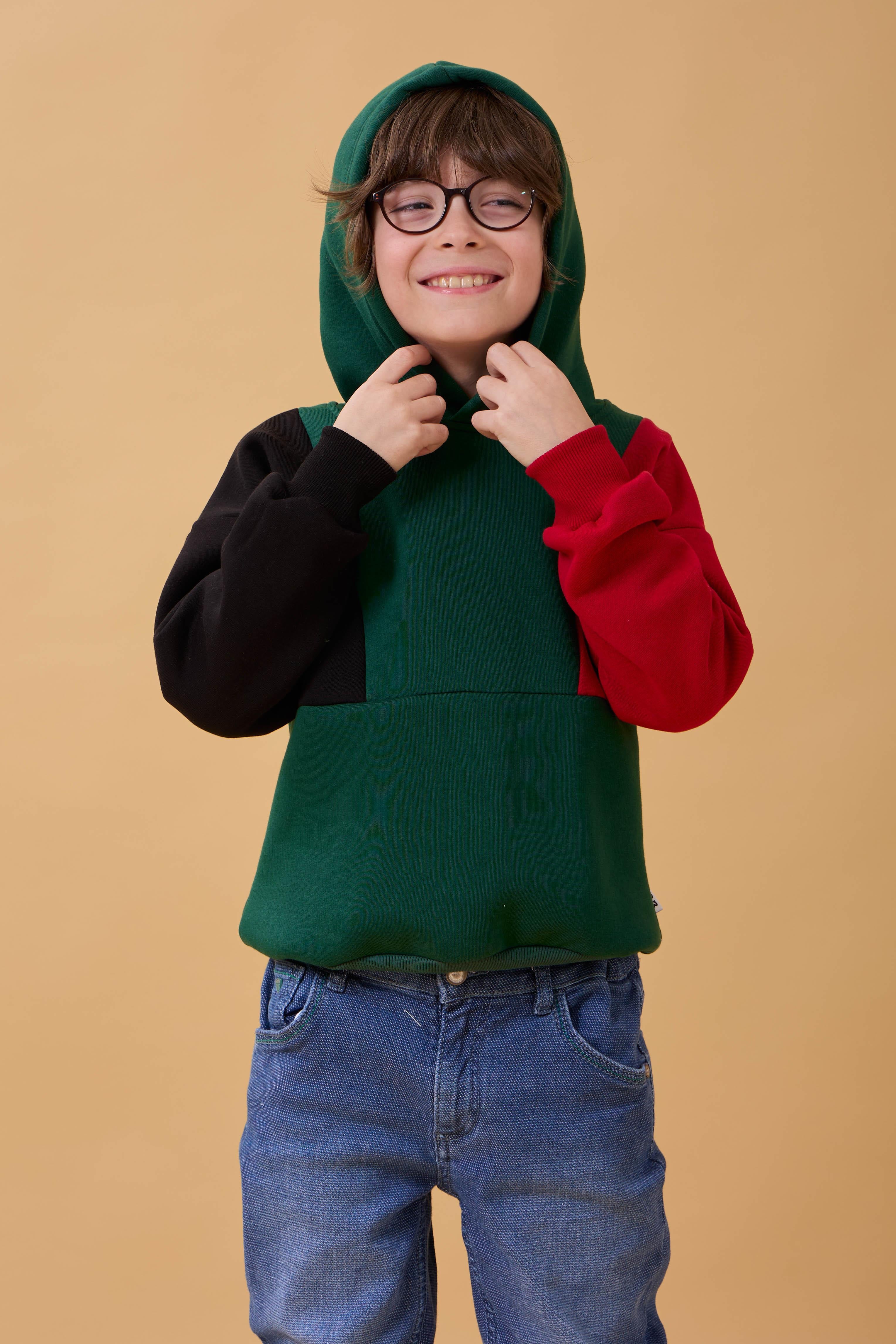 Kapüşonlu Parçalı 3 İp Erkek Çocuk Sweatshirt Yeşil