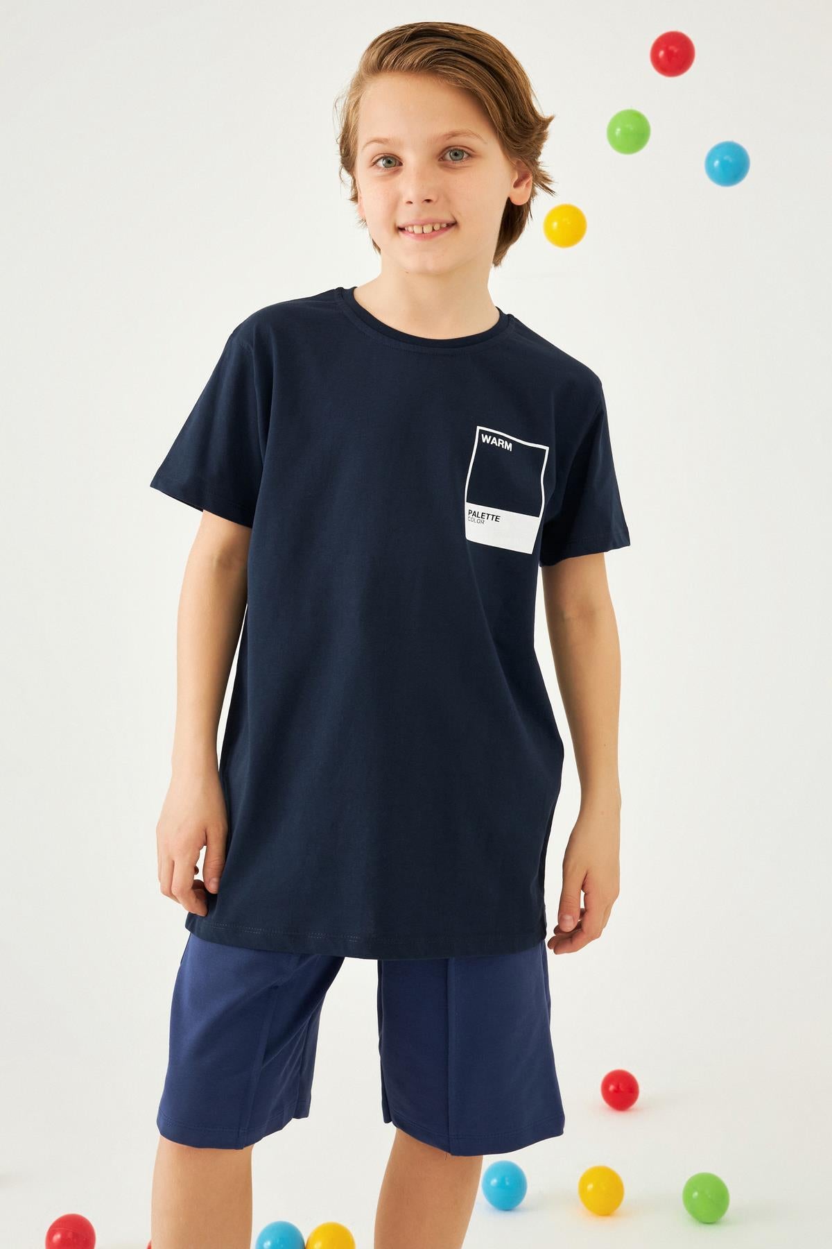 Kare Baskılı Bisiklet Yaka Pamuk Tshirt