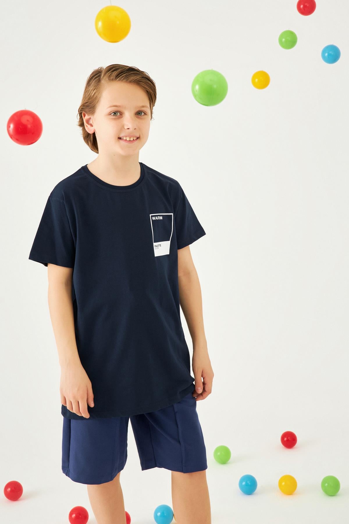 Kare Baskılı Bisiklet Yaka Pamuk Tshirt Lacivert - Perendi