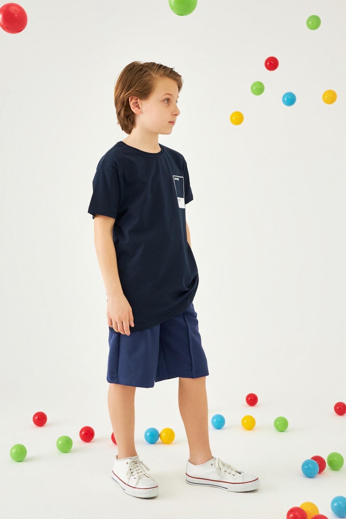 Kare Baskılı Bisiklet Yaka Pamuk Tshirt Lacivert - Perendi