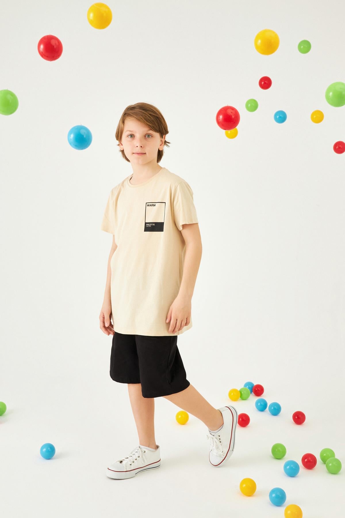 Kare Baskılı Bisiklet Yaka Pamuk Tshirt Taş - Perendi