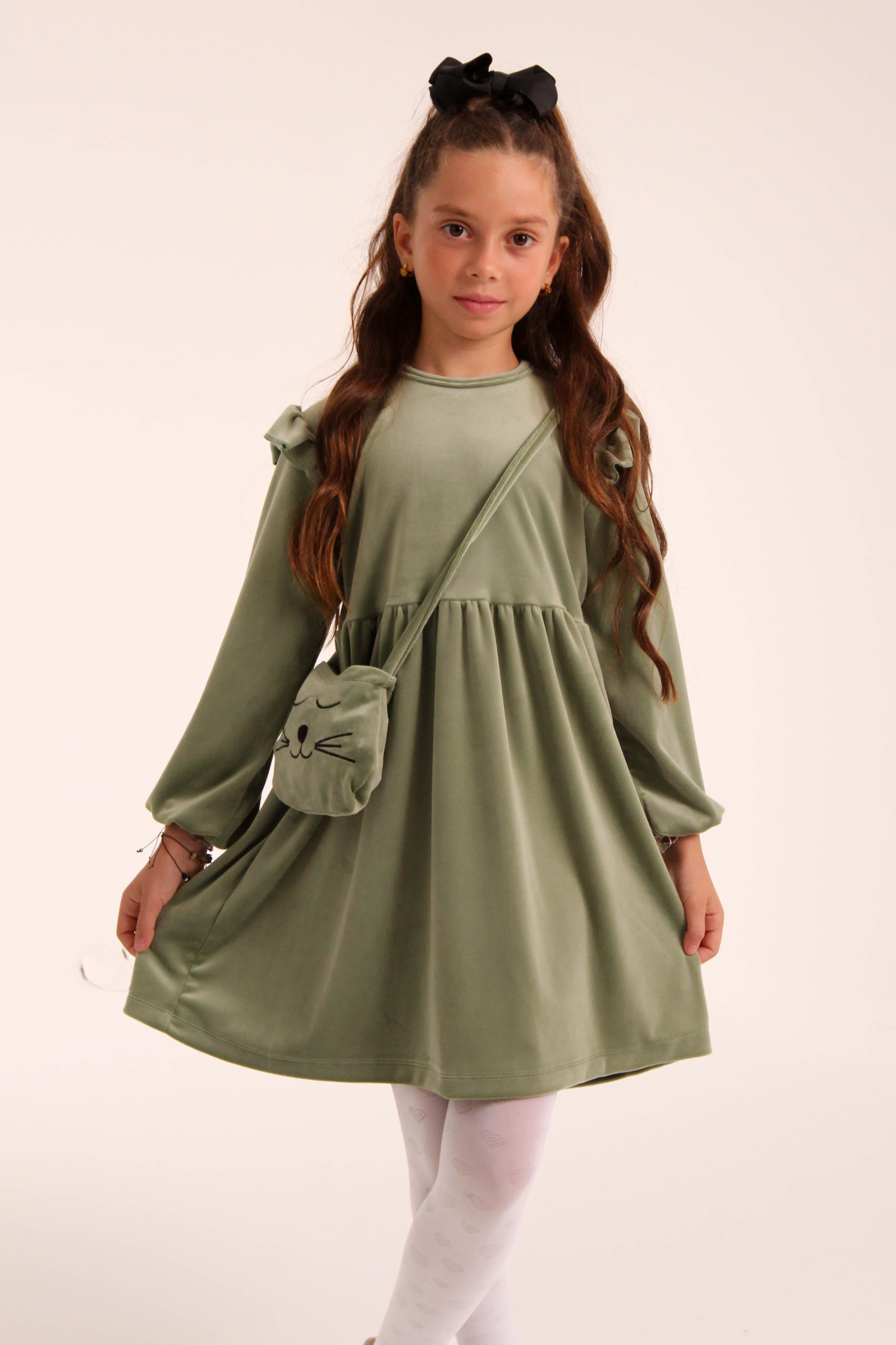 Kedi Desenli Çantalı Kız Çocuk Kadife Elbise Çağla - Perendi