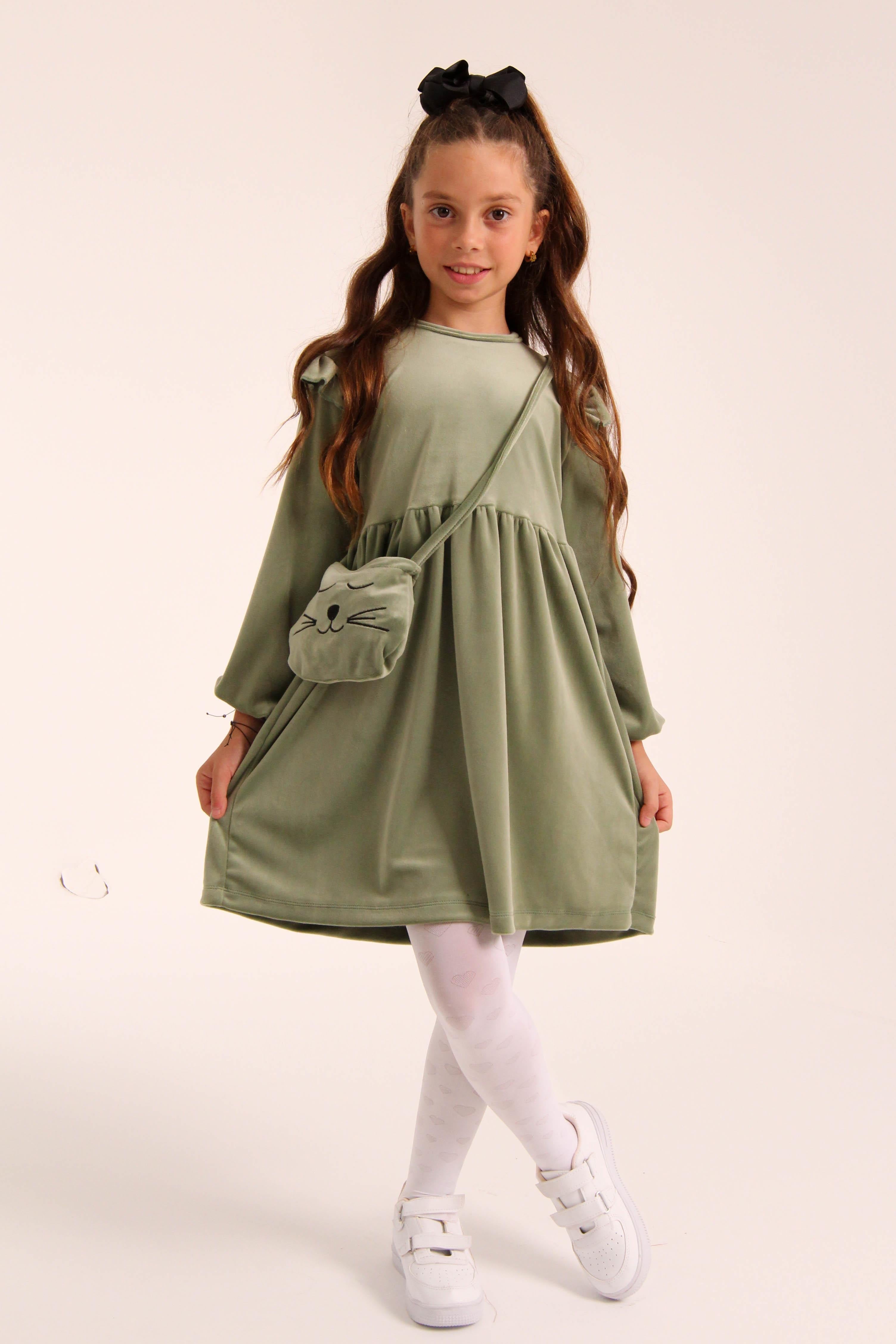 Kedi Desenli Çantalı Kız Çocuk Kadife Elbise Çağla - Perendi