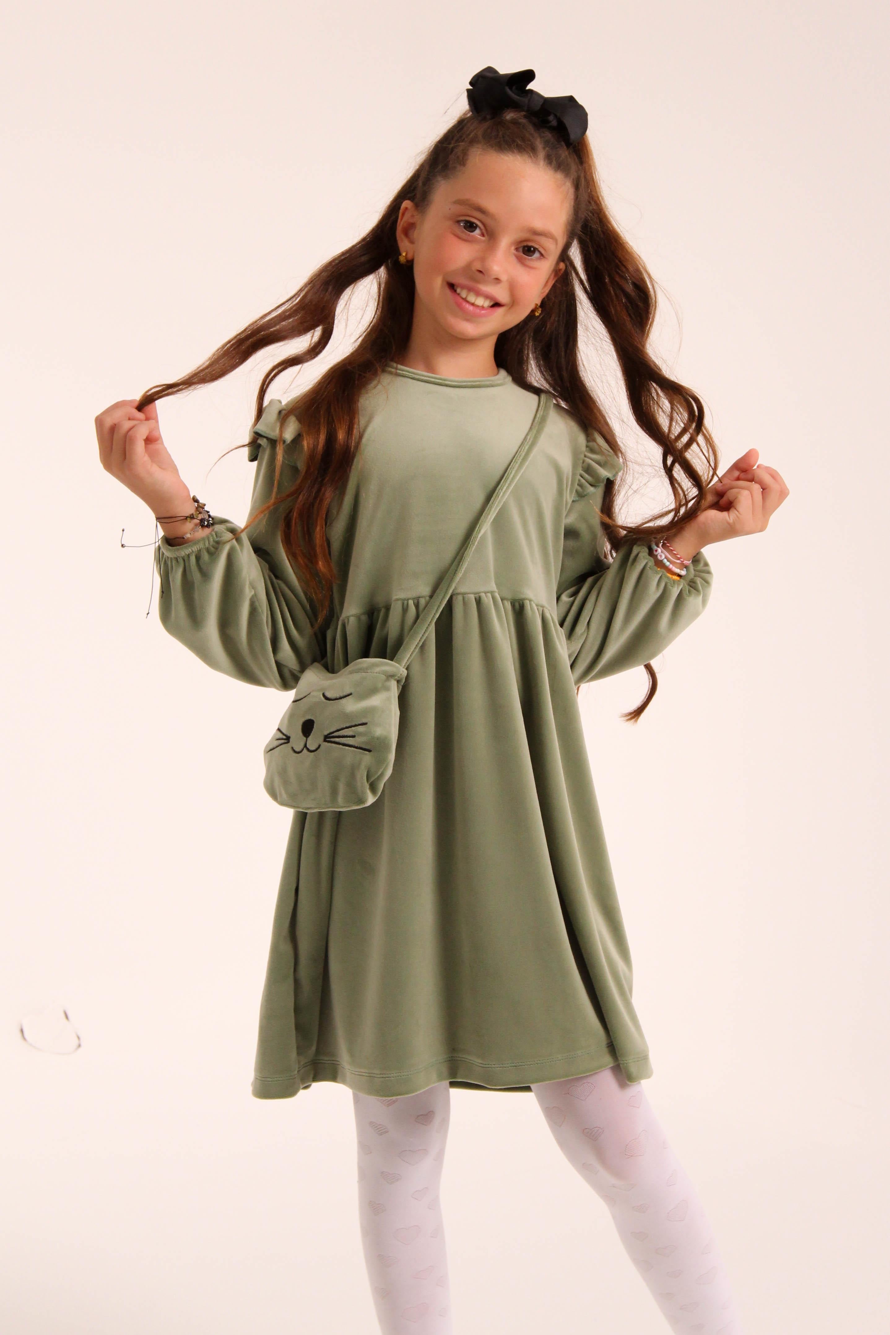 Kedi Desenli Çantalı Kız Çocuk Kadife Elbise Çağla - Perendi