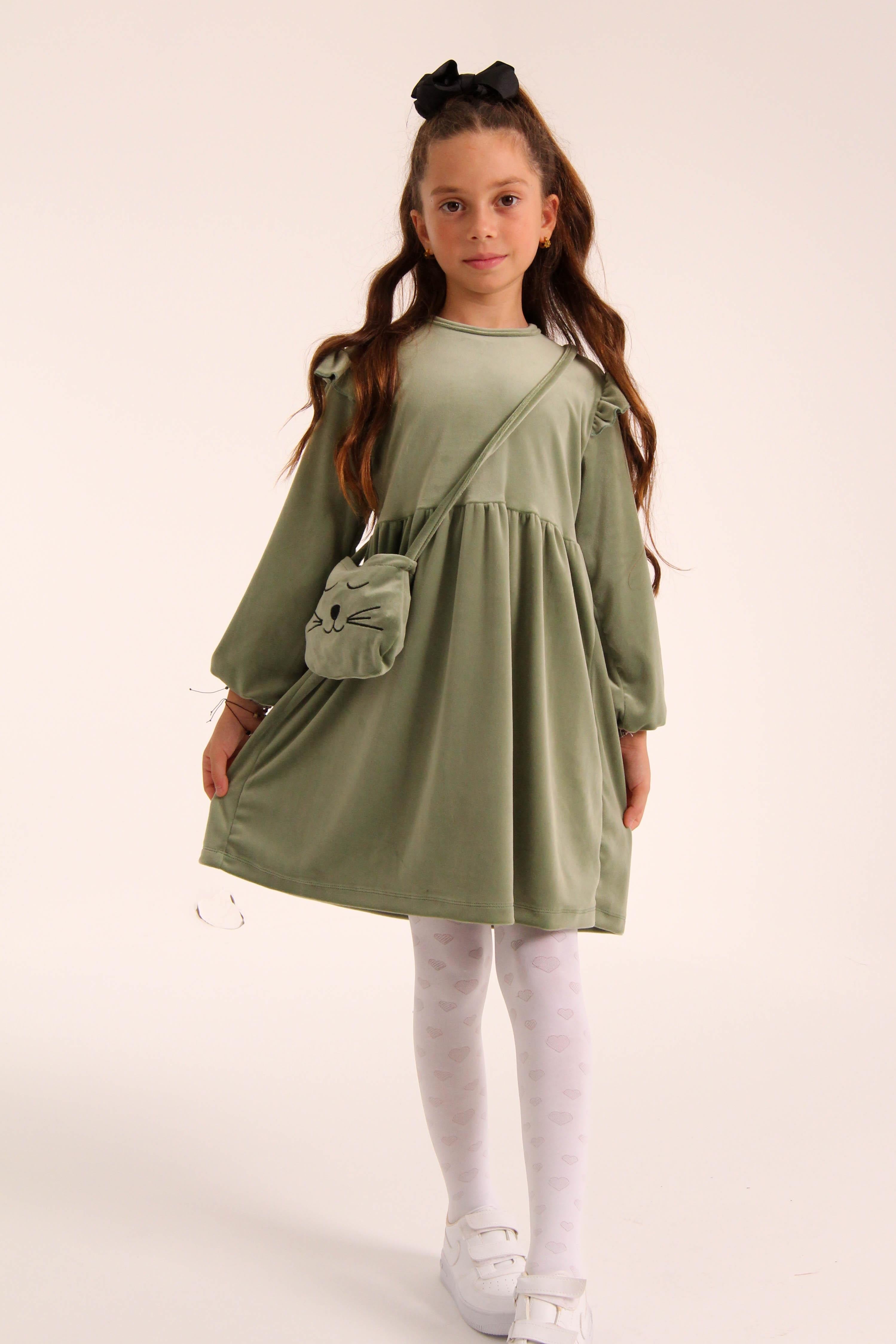 Kedi Desenli Çantalı Kız Çocuk Kadife Elbise Çağla - Perendi