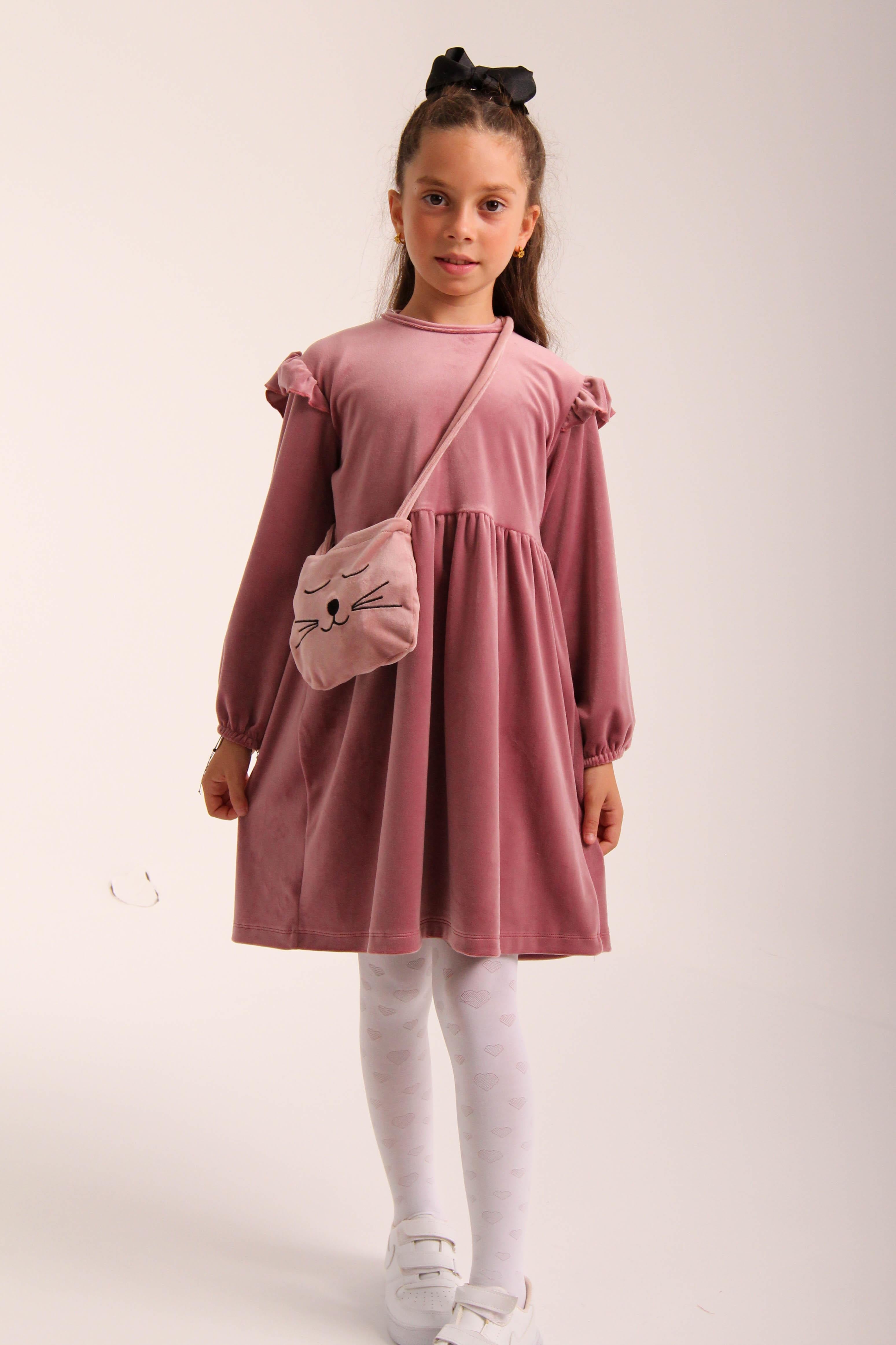 Kedi Desenli Çantalı Kız Çocuk Kadife Elbise Gül Kurusu - Perendi