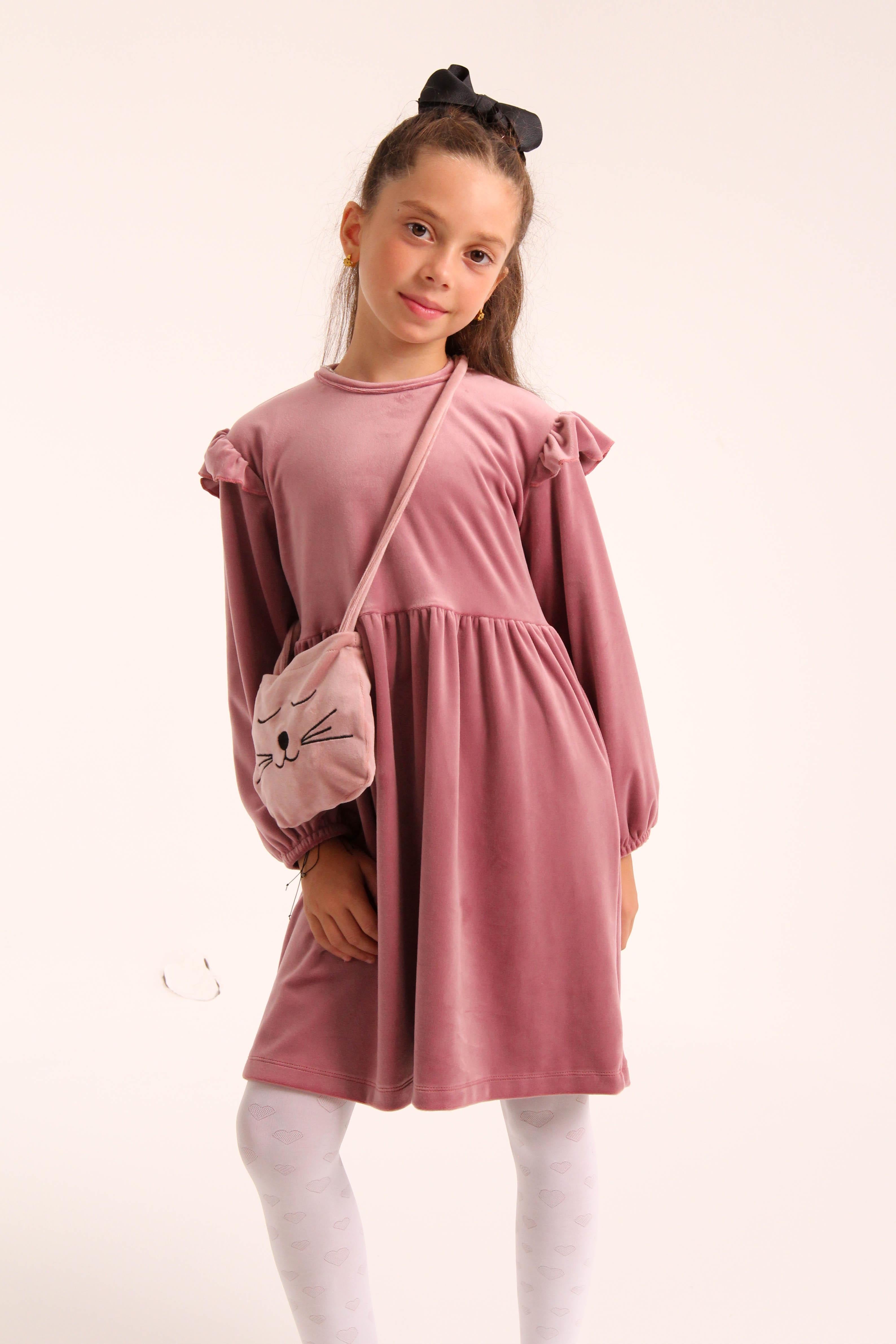 Kedi Desenli Çantalı Kız Çocuk Kadife Elbise Gül Kurusu - Perendi