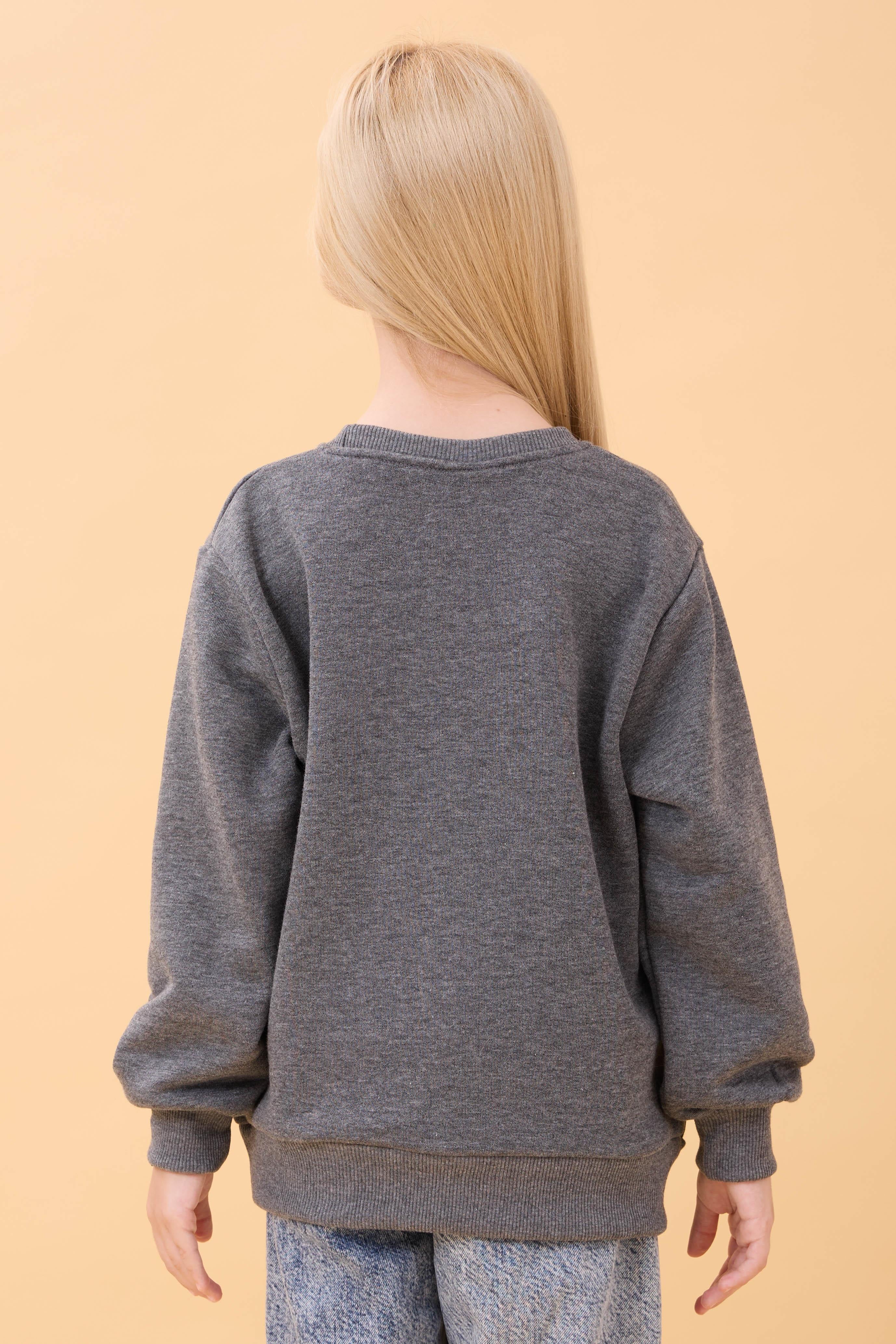 Kız Çocuk Baskılı Bisiklet Yaka Mevsimlik Sweatshirt Antrasit