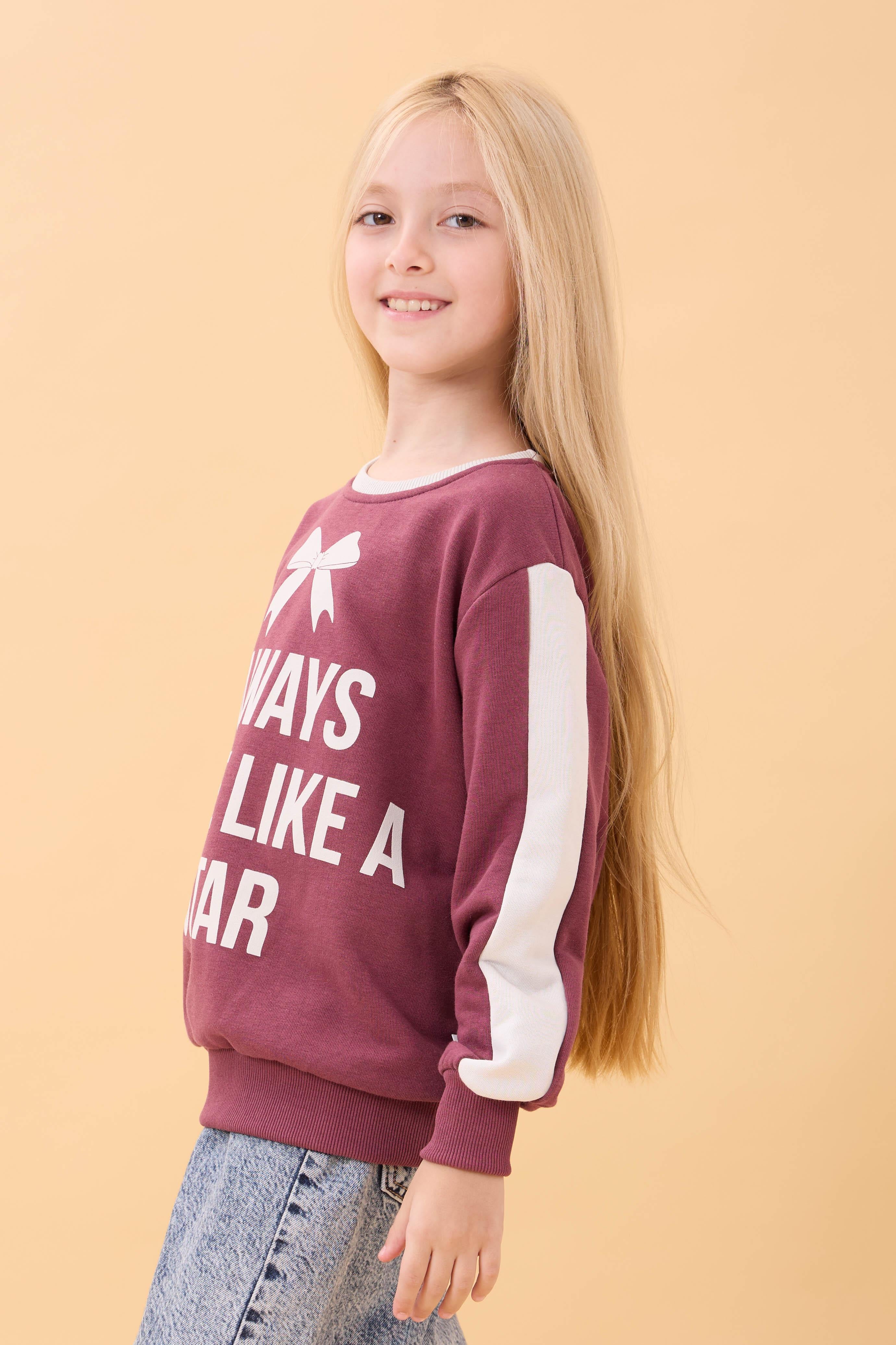 Kız Çocuk Baskılı Bisiklet Yaka Mevsimlik Sweatshirt Gülkurusu