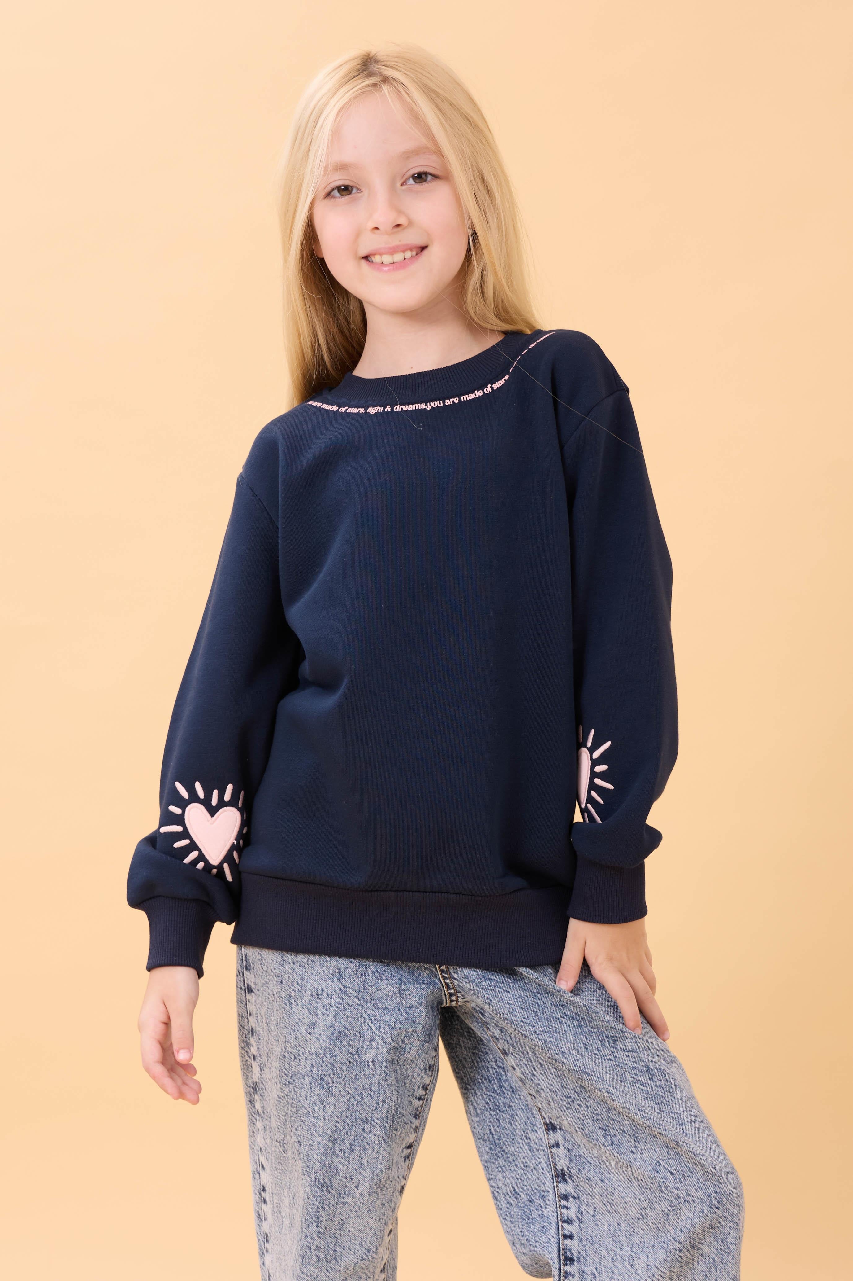 Kız Çocuk Baskılı Bisiklet Yaka Mevsimlik Sweatshirt Lacivert