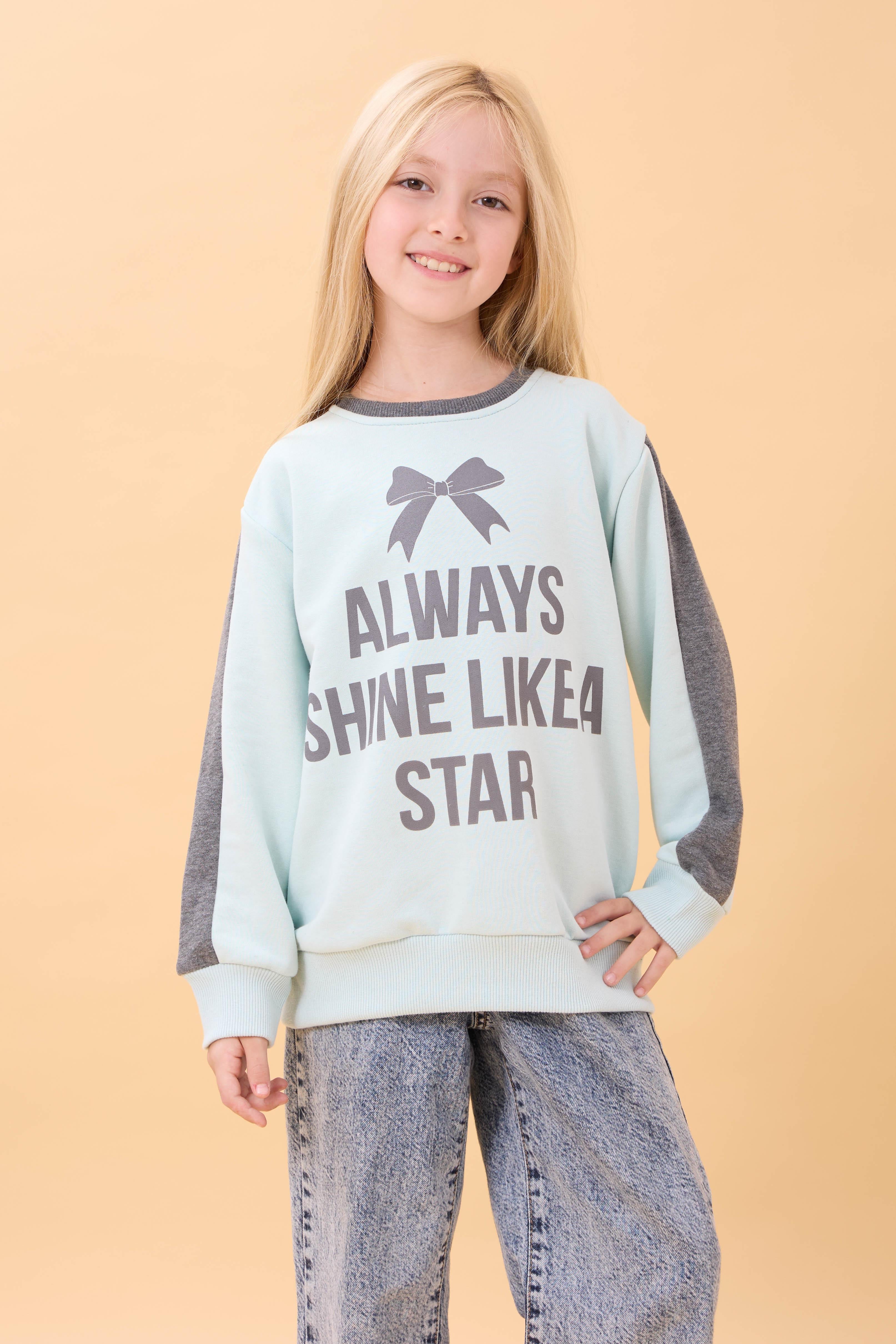 Kız Çocuk Baskılı Bisiklet Yaka Mevsimlik Sweatshirt Mint Yeşili