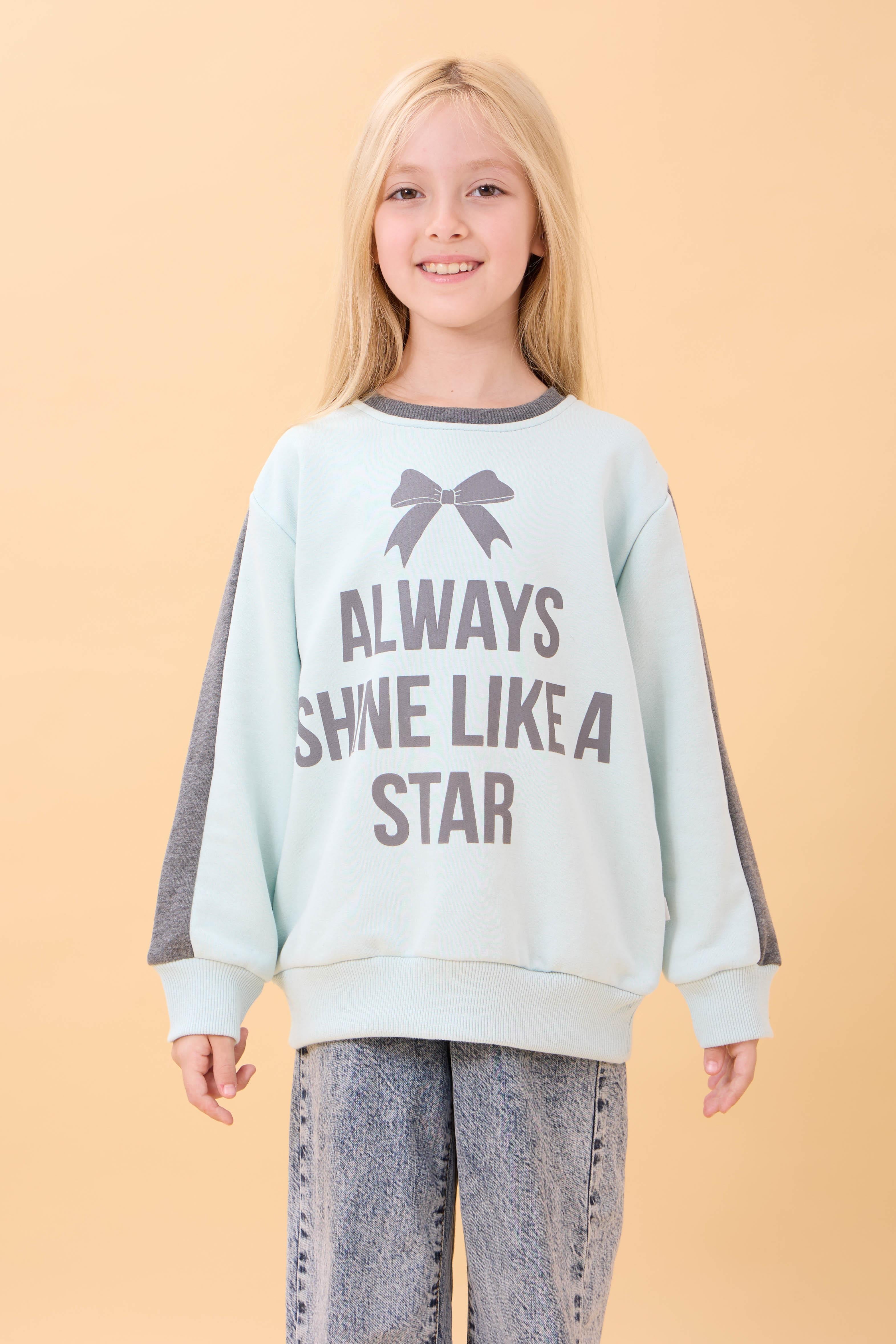 Kız Çocuk Baskılı Bisiklet Yaka Mevsimlik Sweatshirt Mint Yeşili