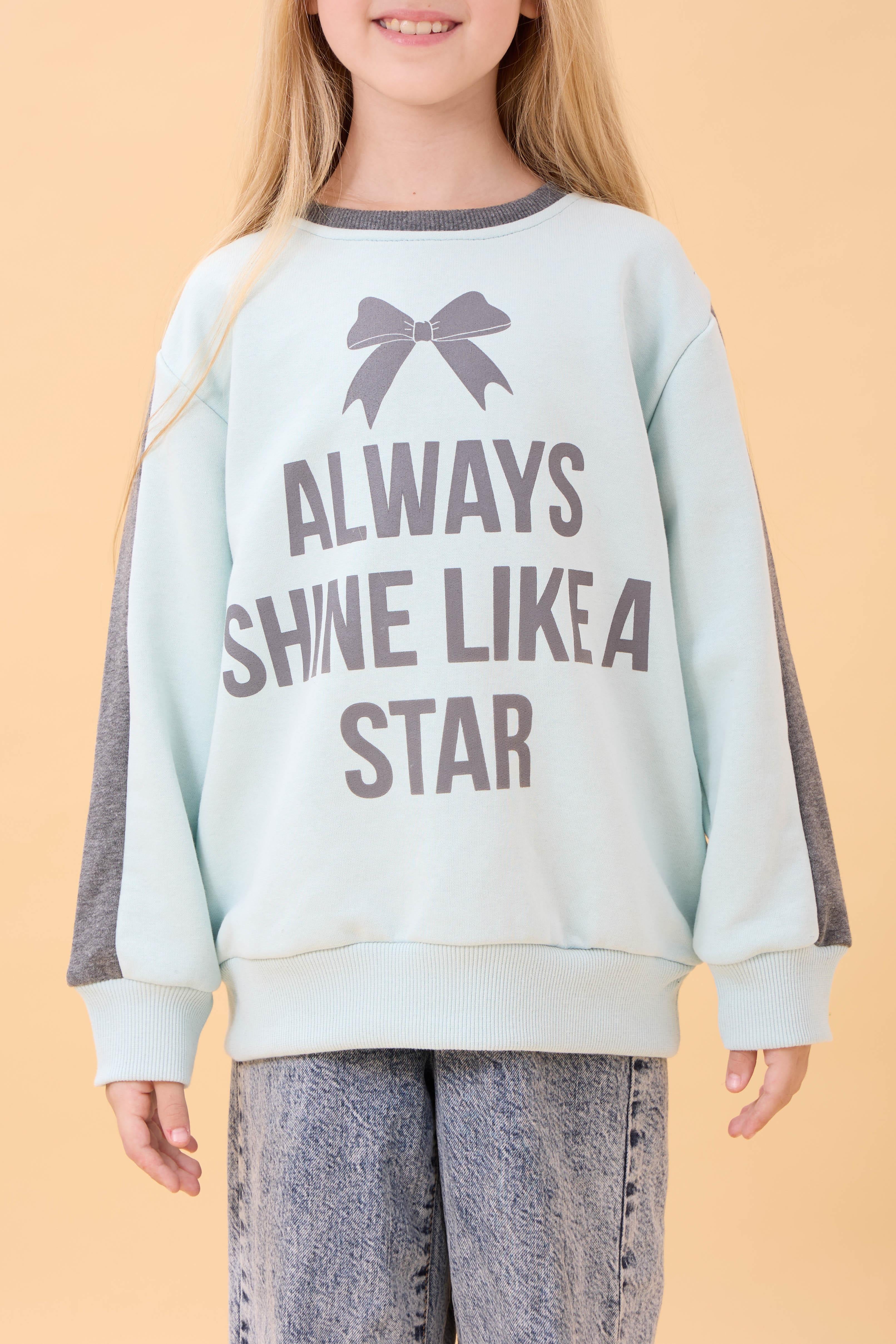 Kız Çocuk Baskılı Bisiklet Yaka Mevsimlik Sweatshirt Mint Yeşili